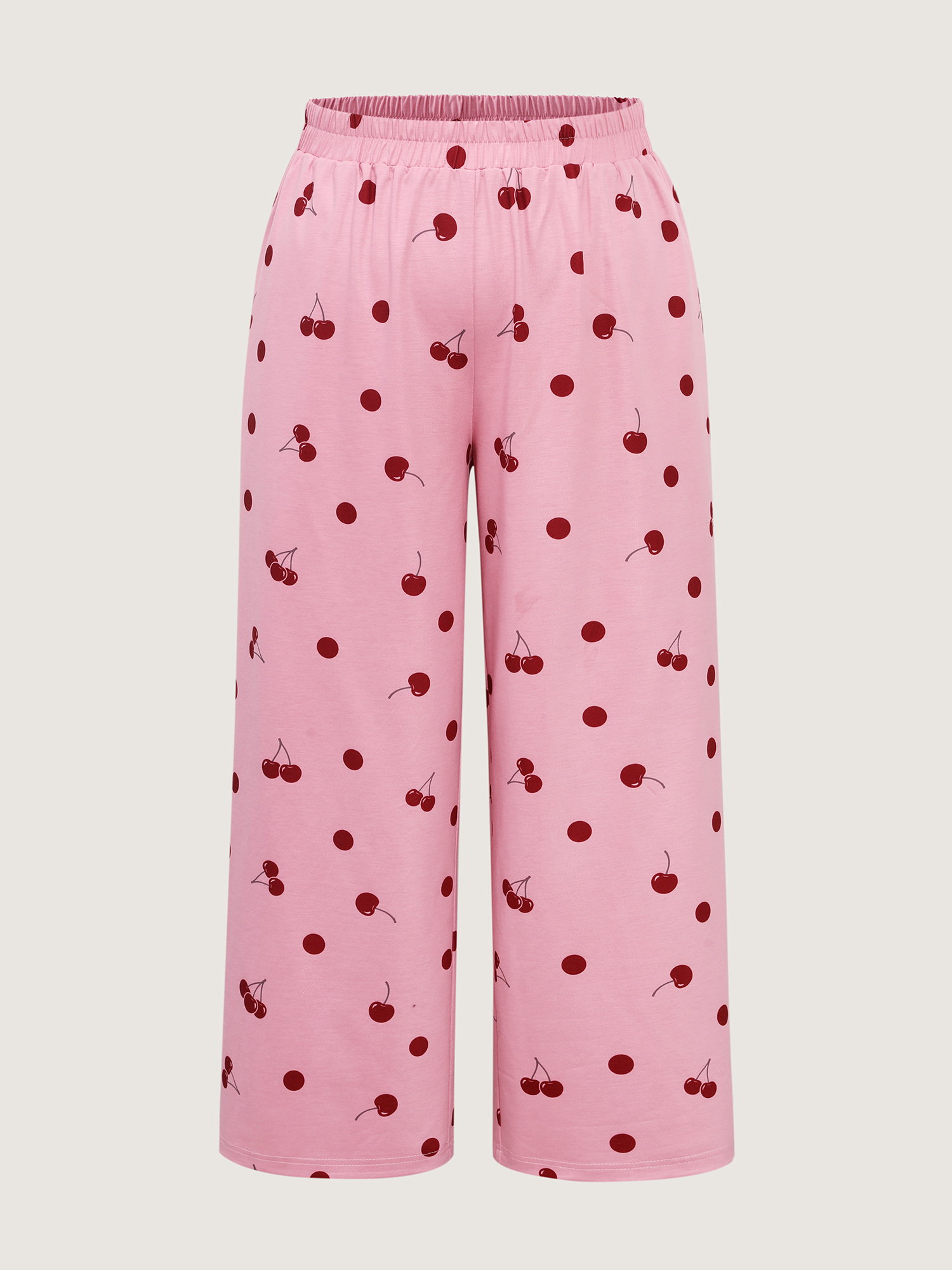 Side view of BloomChic Women's Plus Size Playful Cherry Print Loungewear Set Rouge Fruit and vegetable print Extra Long Sleeve 10/M