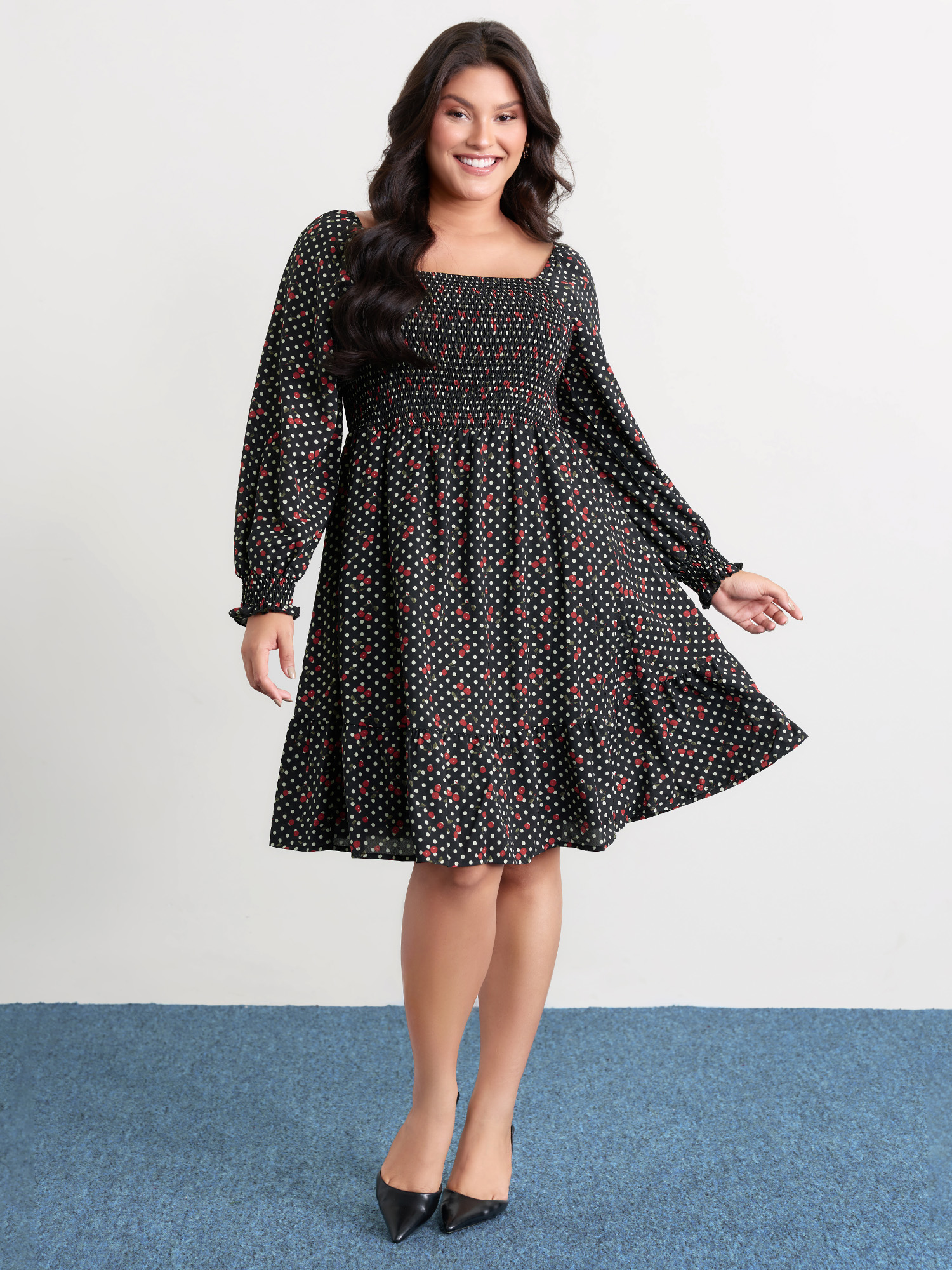 BloomChic Women's Plus Size Polka Dots Cherry Shirred Bodice Knee Dress Black Polka dots Short Everyday-Elegant 10/M