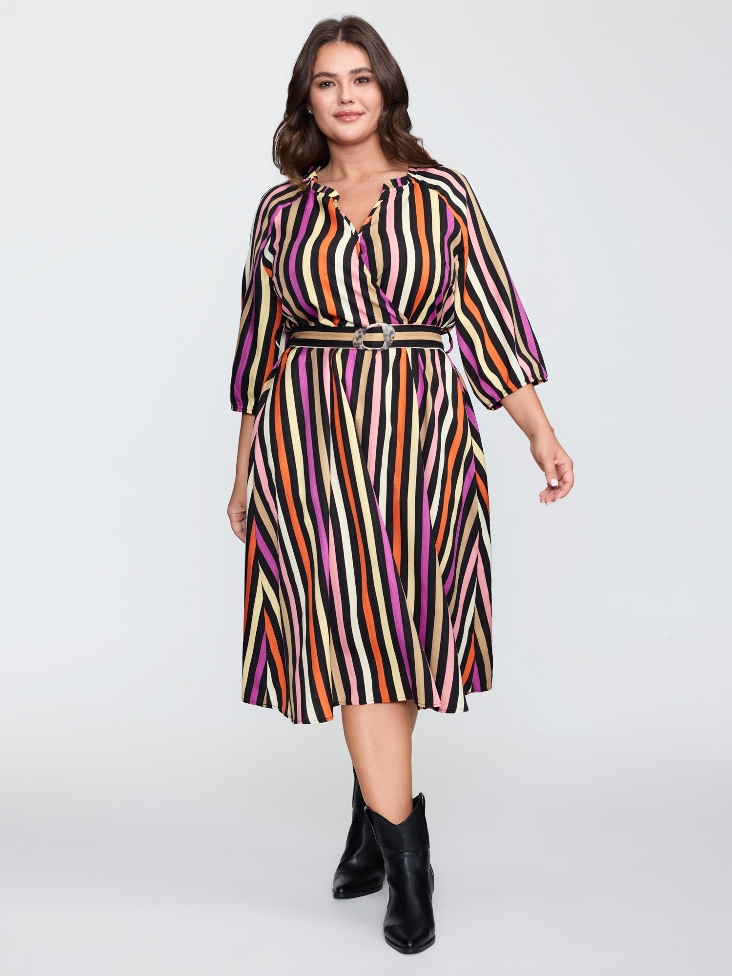 BloomChic Women's Plus Size Autumn Stripe Print Belted Waist Midi Dress Multicolor Stripes Midi Office Wrap / Overlap 22-24/3X
