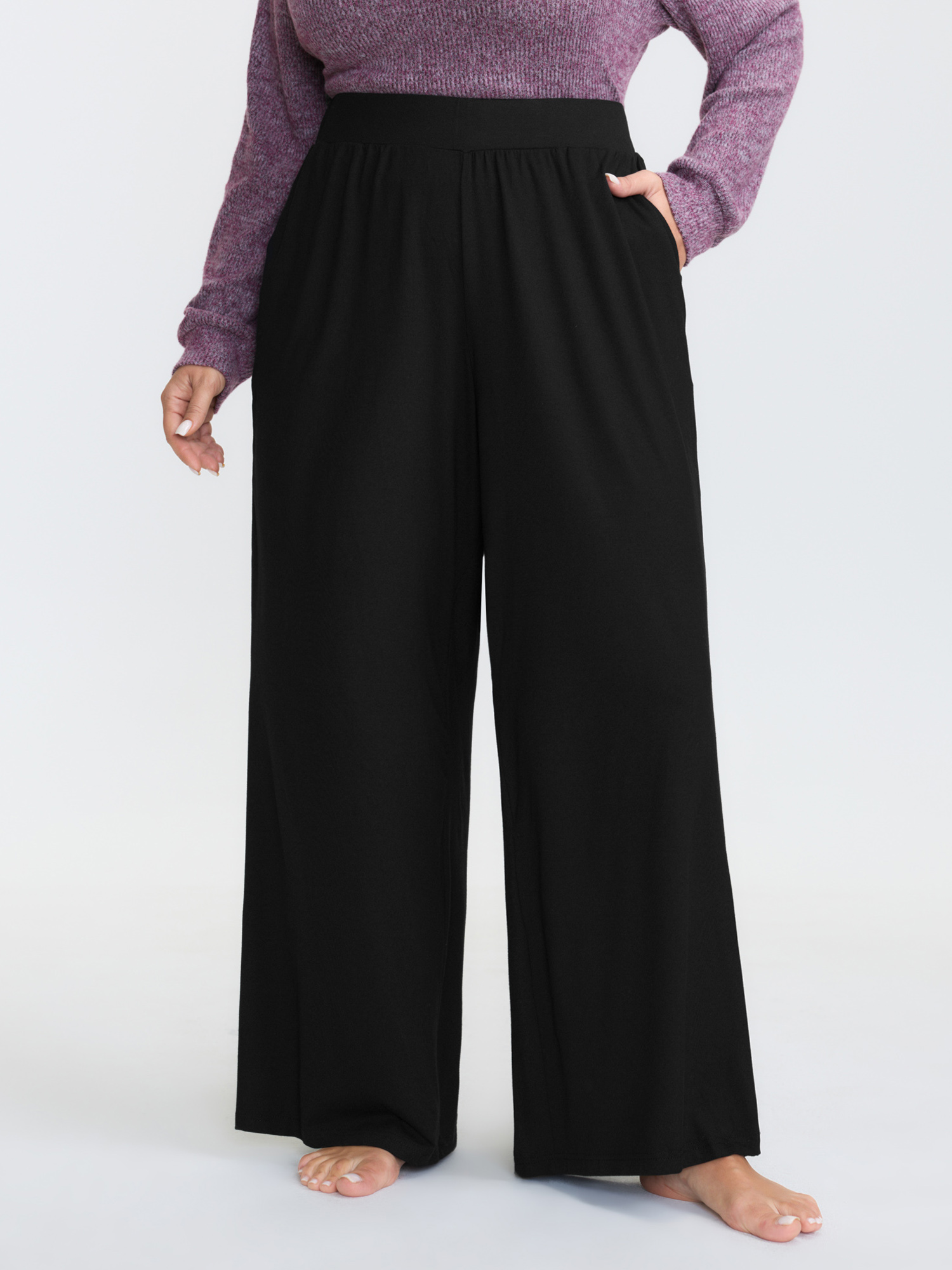 BloomChic Plus Size Solid Elastic Waist Wide Leg Lounge Bottoms - Women's Supersoft Black Sleeveless Solid Side Pocket Comfort Midsection Fit Lounge Bottoms 14/M
