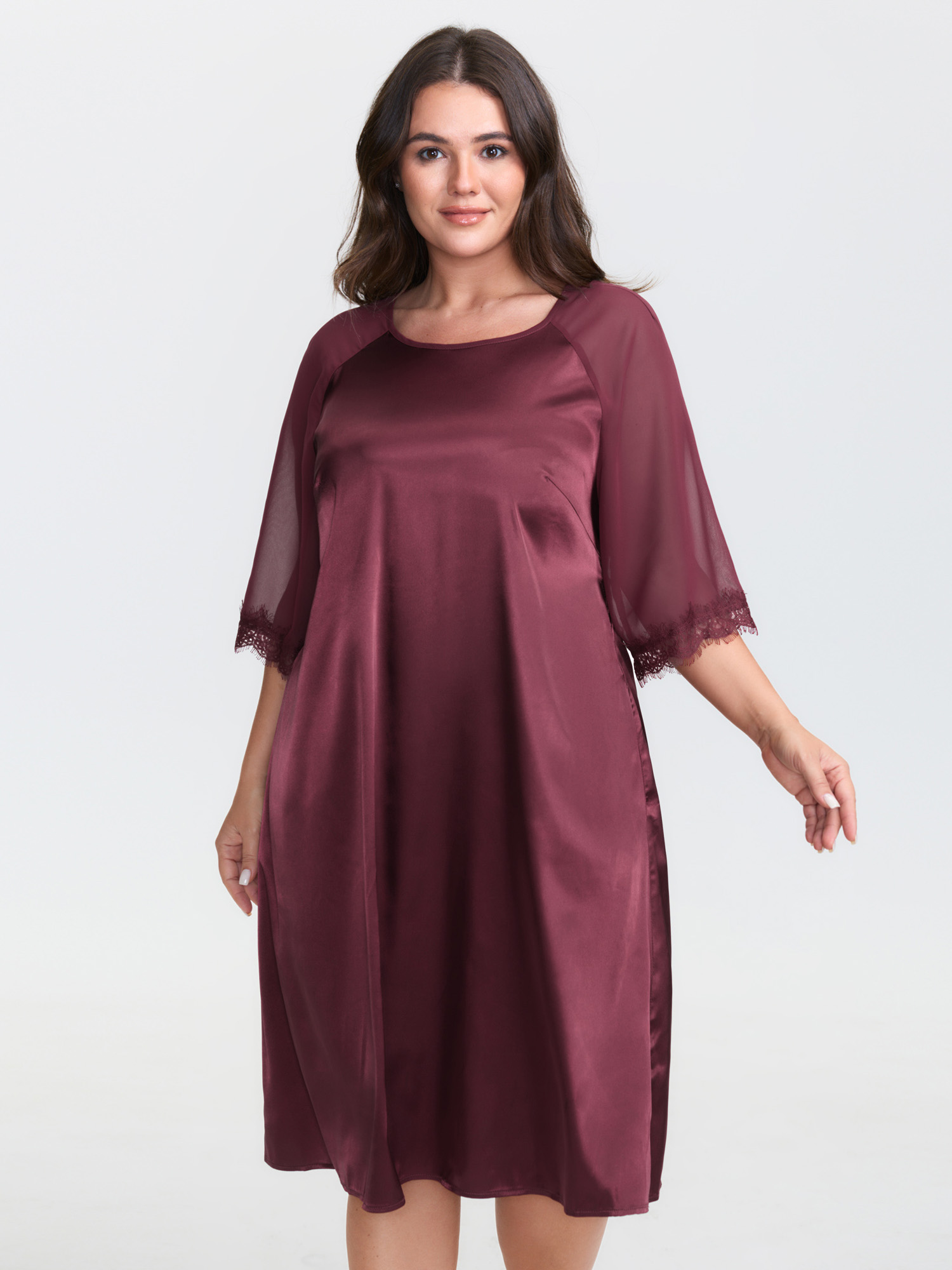 BloomChic Women's Plus Size Satin Semi-Sheer Sleeve Pleated Nightgown Burgundy Half Sleeve Knee 26/4X-image-47423460507818