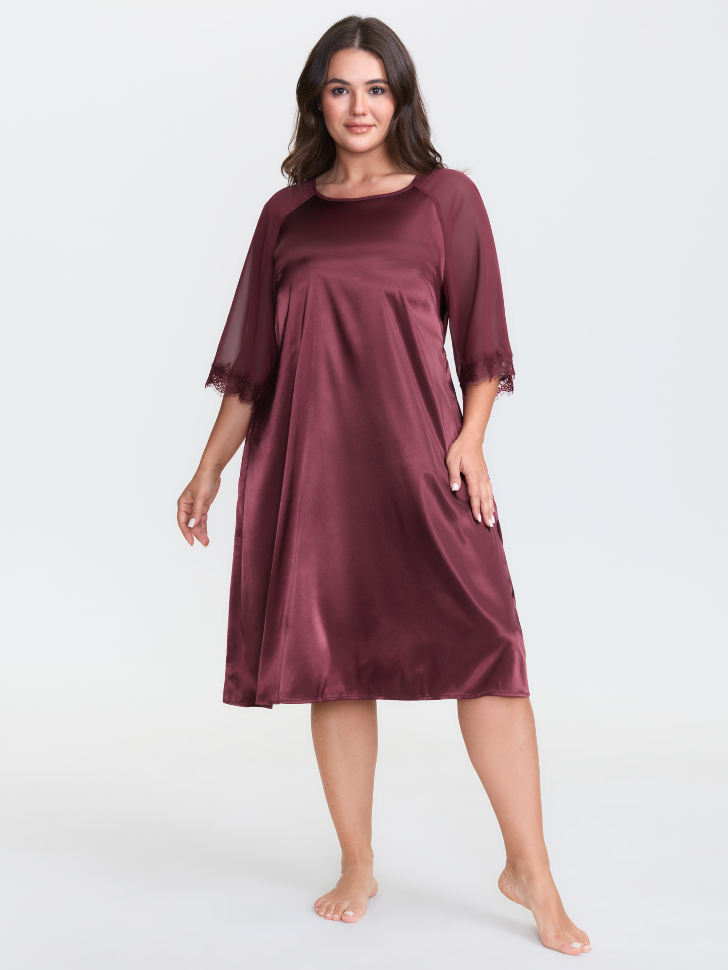 Side view of BloomChic Women's Plus Size Satin Semi-Sheer Sleeve Pleated Nightgown Burgundy Half Sleeve Knee 22-24/3X