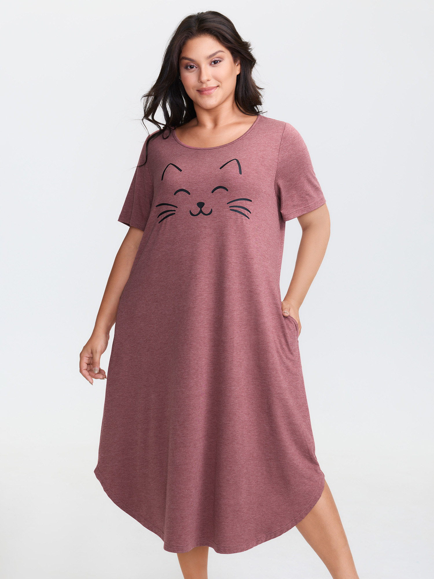 BloomChic Women's Plus Size Happy Cat Print Stretchy Contrast Nightgown Russet Short sleeve Round Neck 22-24/3X-image-47606469001386