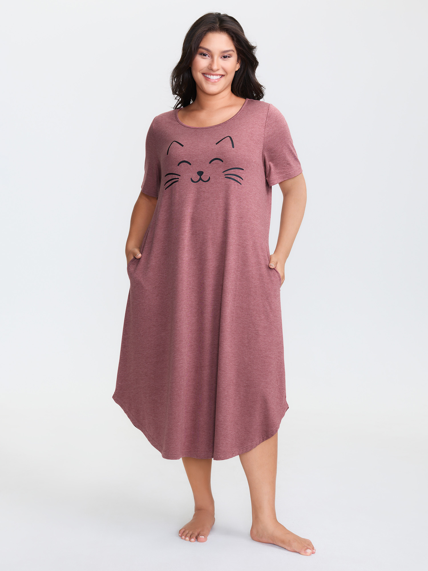Side view of BloomChic Women's Plus Size Happy Cat Print Stretchy Contrast Nightgown Russet Short sleeve Round Neck 22-24/3X