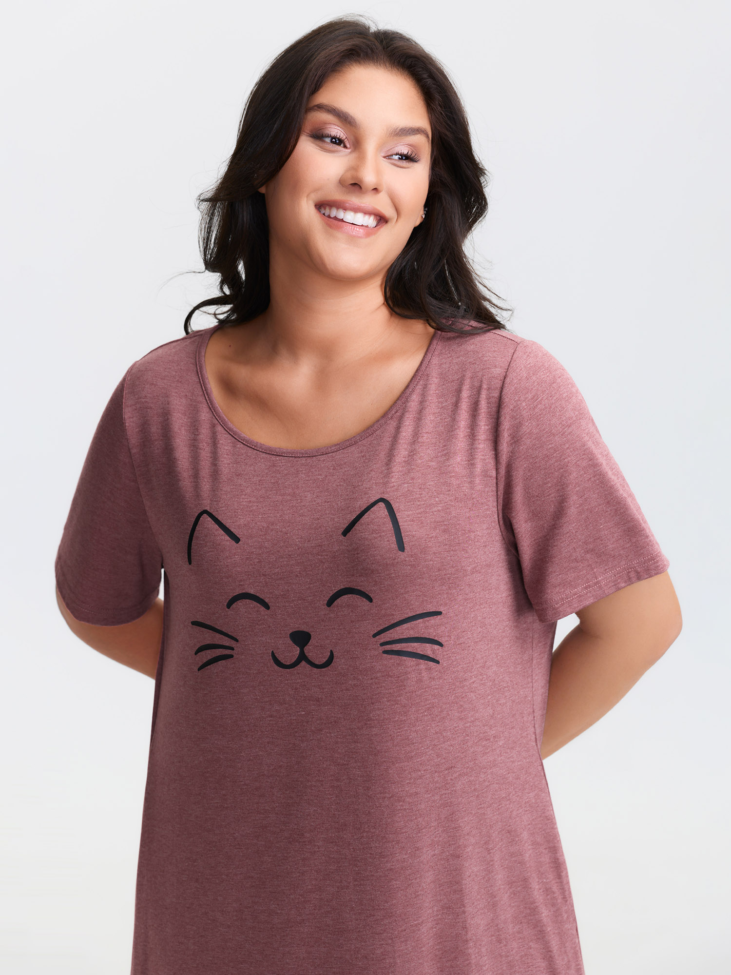 Side view of BloomChic Women's Plus Size Happy Cat Print Stretchy Contrast Nightgown Russet Short sleeve Round Neck 22-24/3X