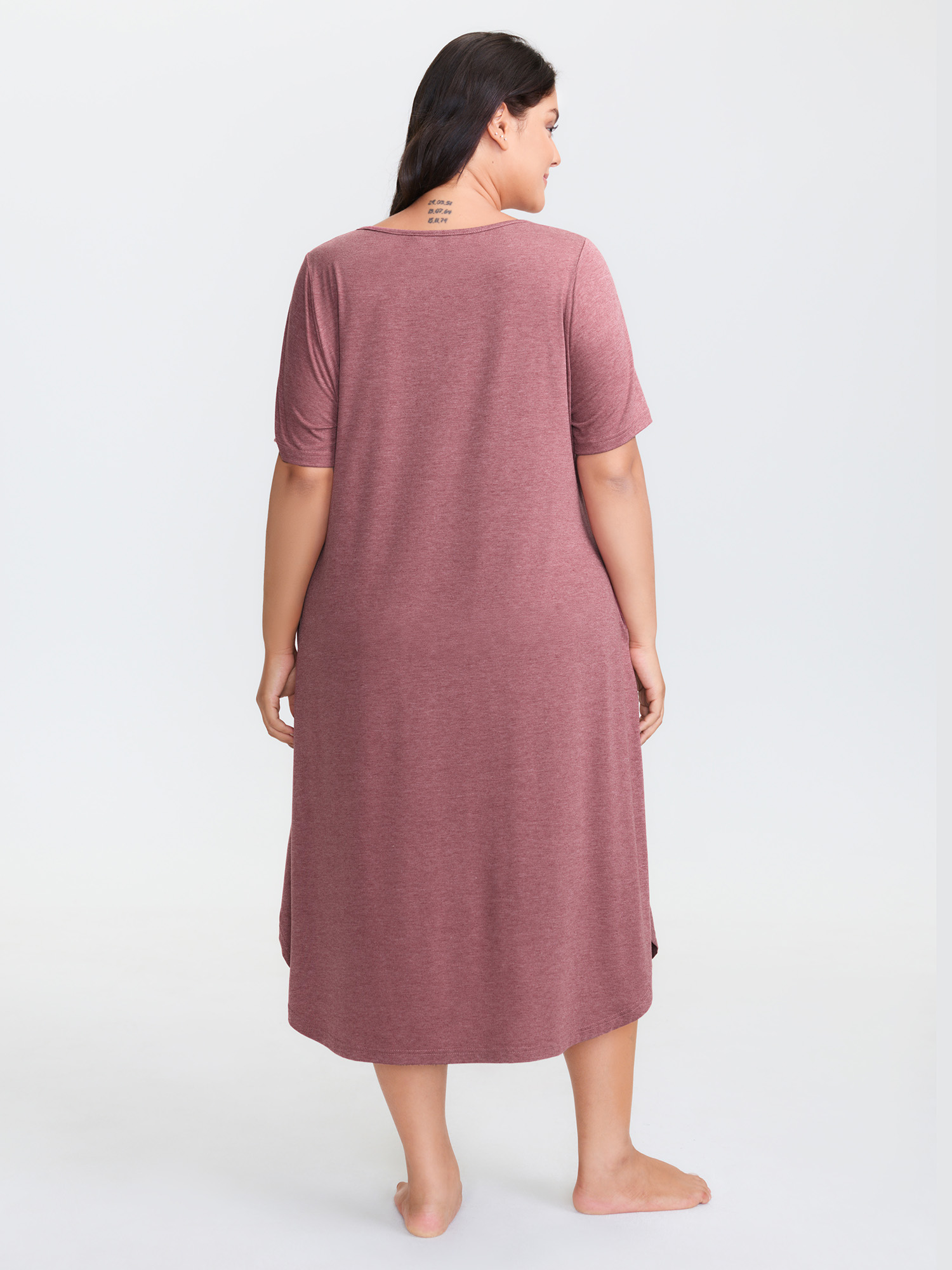 Side view of BloomChic Women's Plus Size Happy Cat Print Stretchy Contrast Nightgown Russet Short sleeve Round Neck 22-24/3X