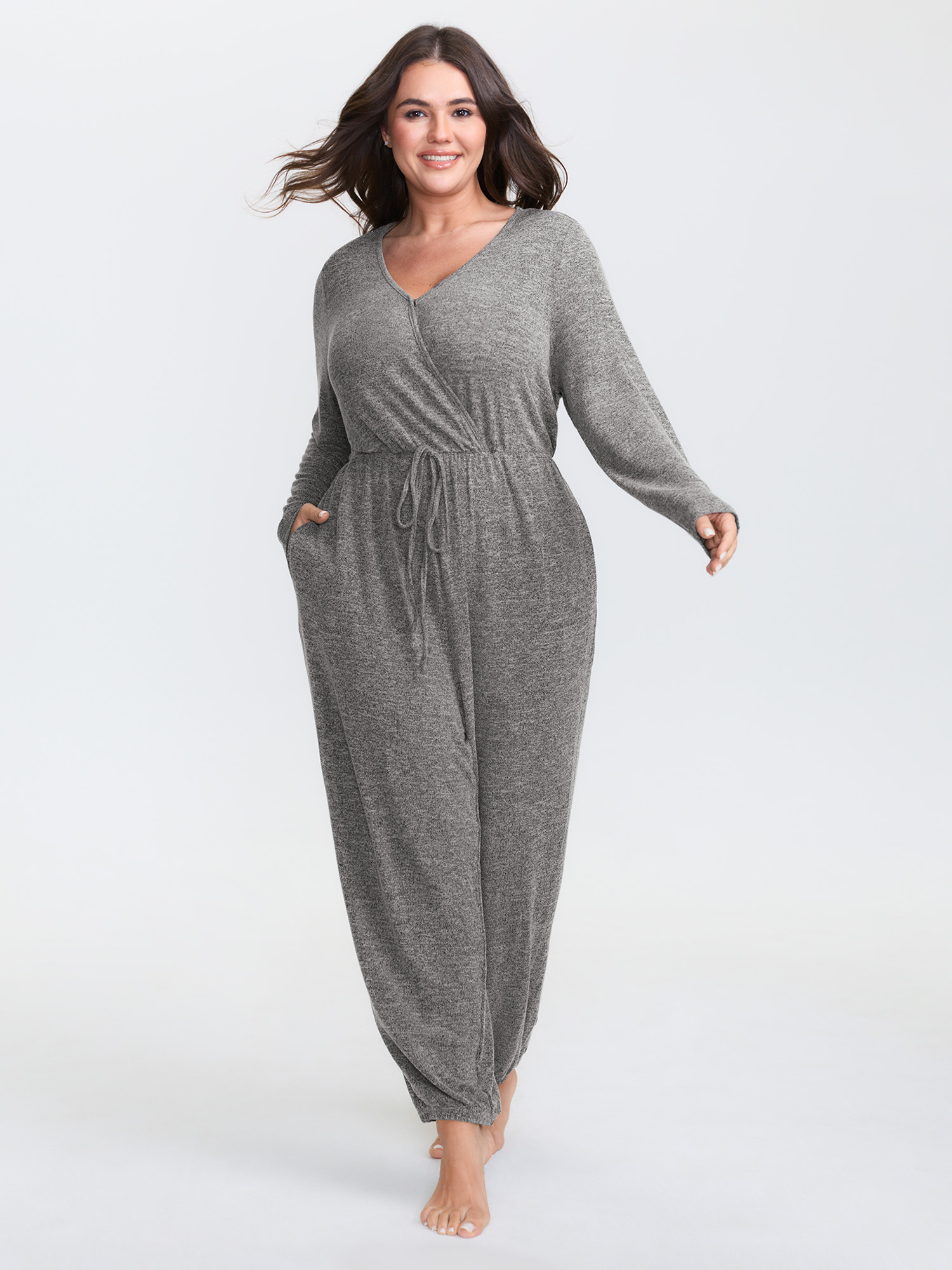 BloomChic Plus Size Elastic Waist Overlap Collar Lounge Jumpsuit - Women's Supersoft Black Long Sleeve Side Pocket Easy Pull-On Jogger Lounge Jumpsuits 34/6X