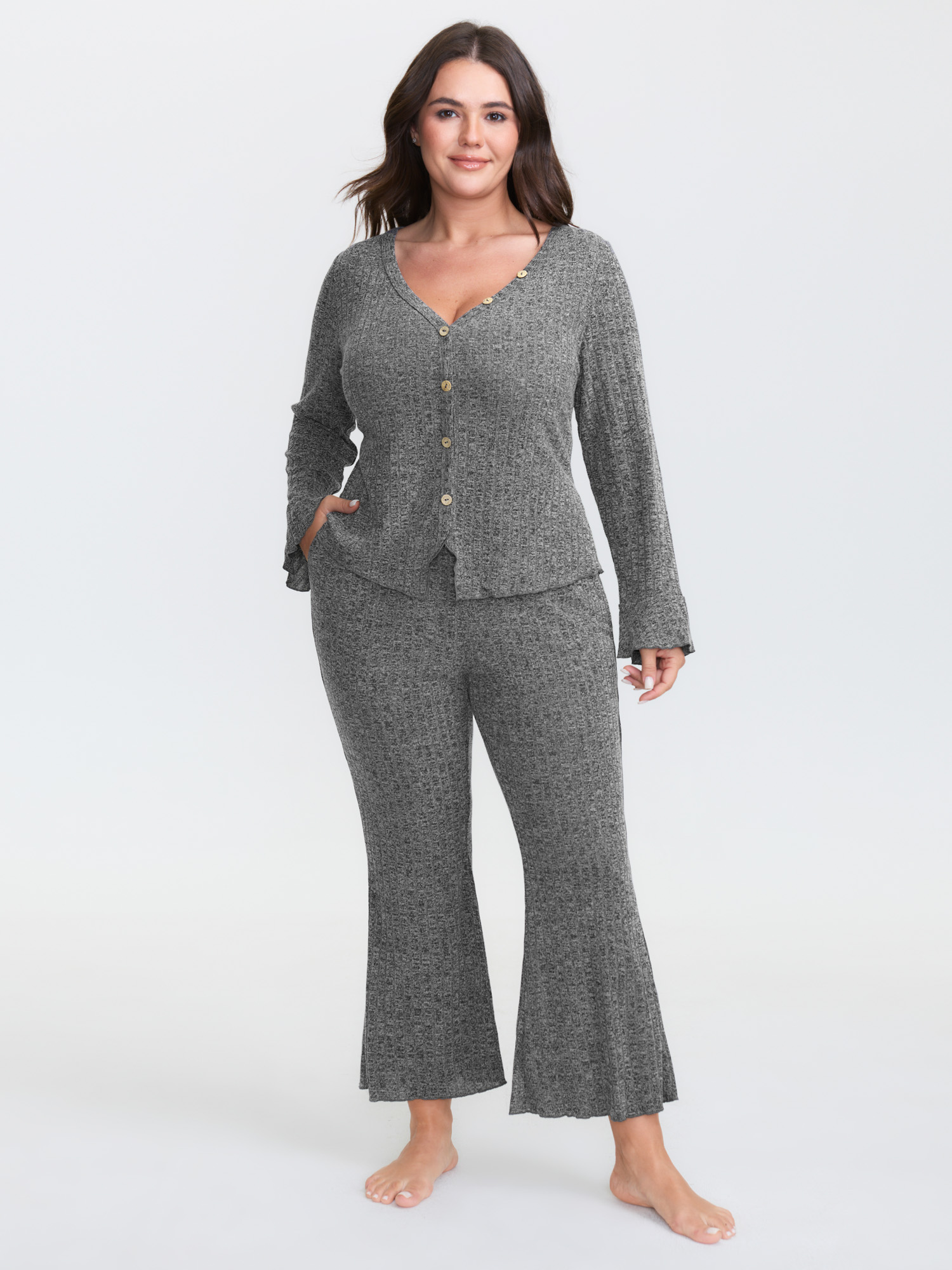 BloomChic Women's Plus Size Ribbed Button Stretchy Waist Co-Ord Set Black 22-24/3X-image-47327220793514