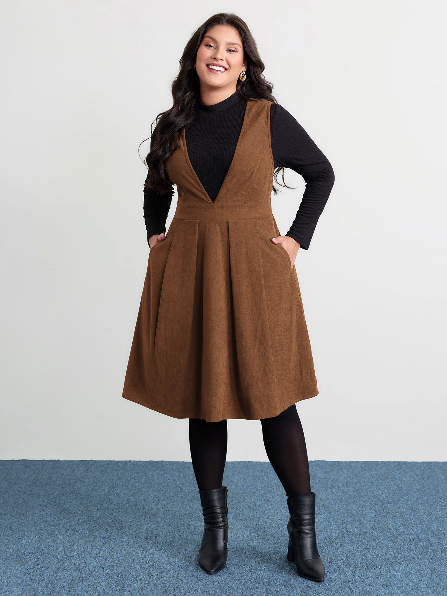 BloomChic Plus Size Corduroy Stretchy Waist V-Neck Mini Dress - Curve Ladies Lion Elegant Sleeveless Solid Side Pocket Daily Dresses 14/M