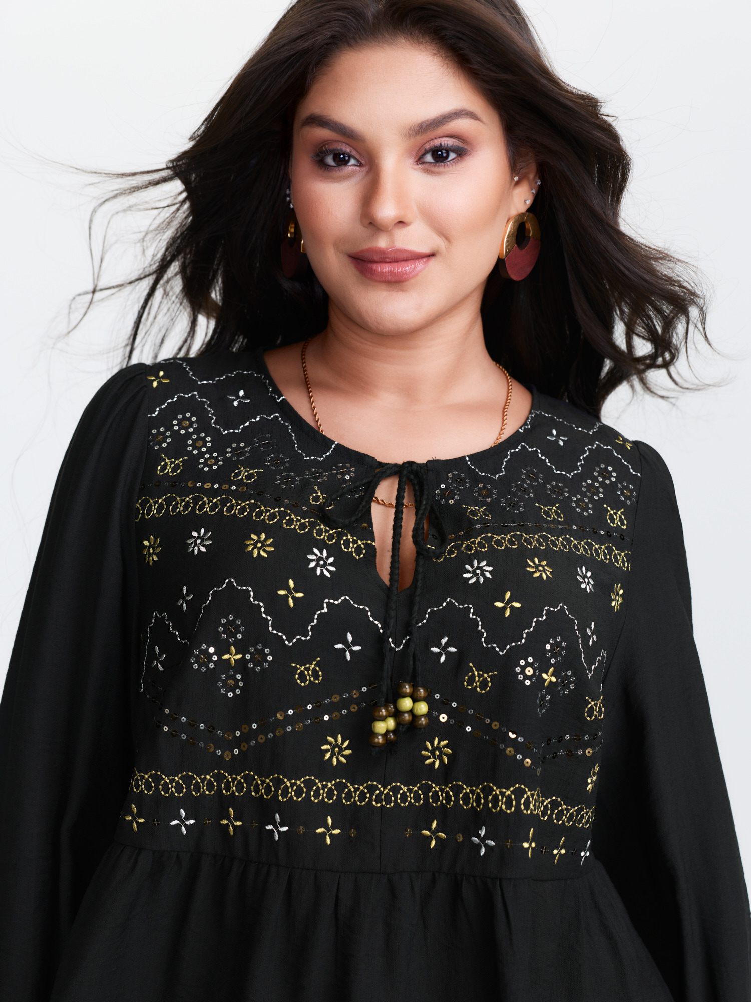 BloomChic Women's Plus Size Sequin Embroidery Tassel Tie Blouse Black Abstract Vacation Long Sleeve V-Notch Neck 10/M