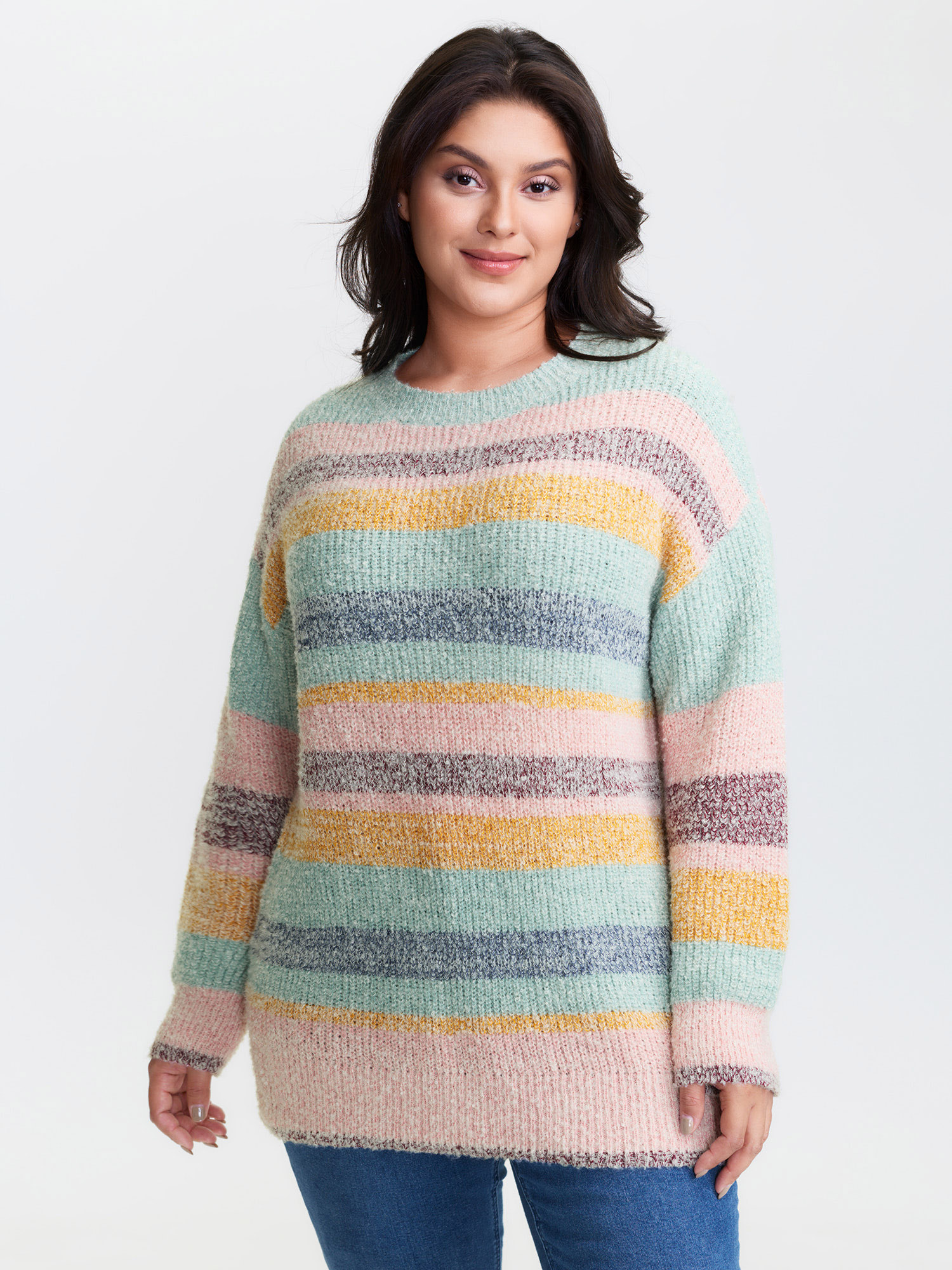 BloomChic Women's Plus Size Textured Colorful Stripe Drop Shoulder Pullover Multicolor Long Sleeve 10/M