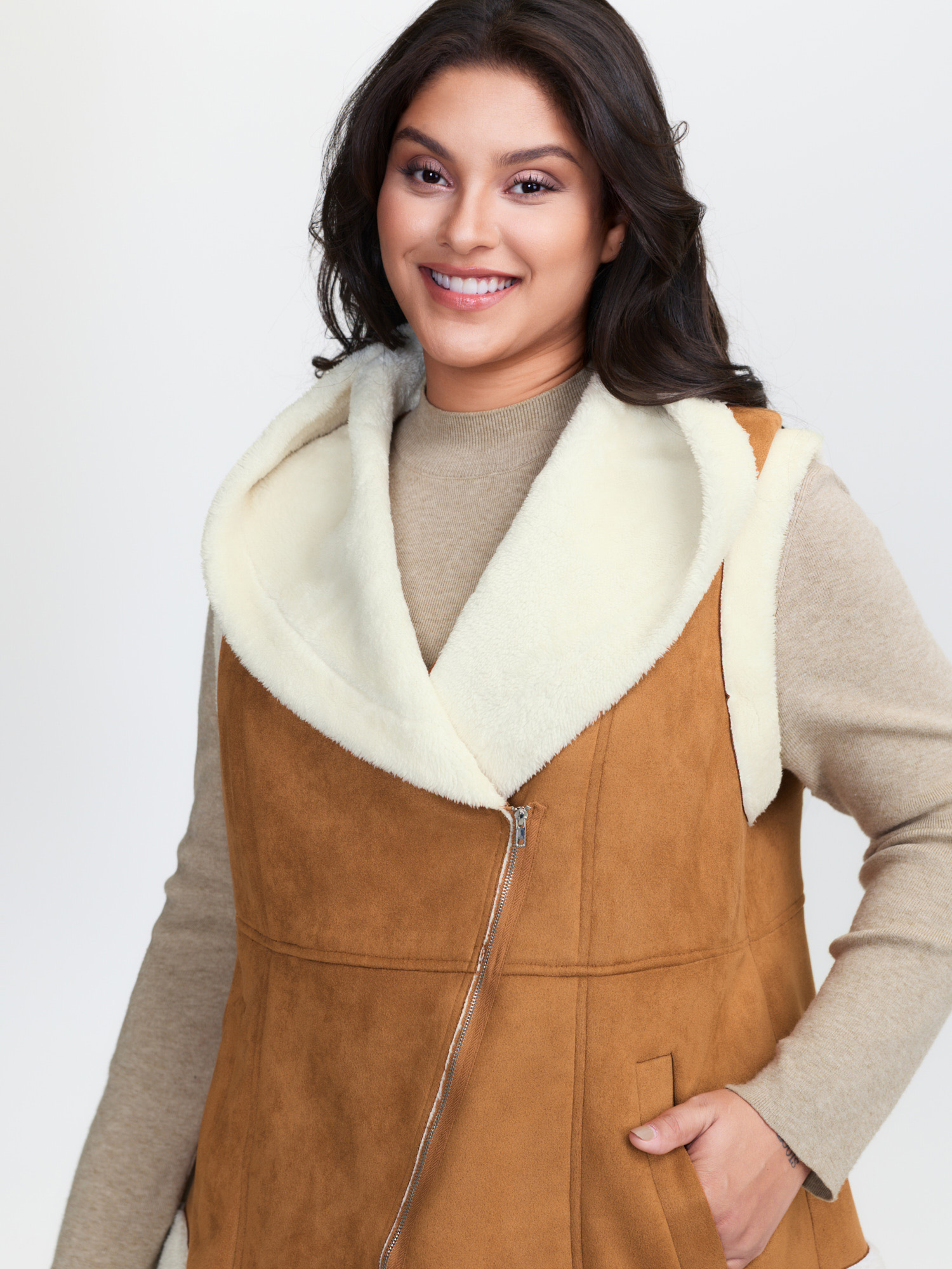 BloomChic Women's Plus Size Suede Fluffy Zipper Hooded Vest Yellowishbrown Colorblock 30/6X-image-47612409282730