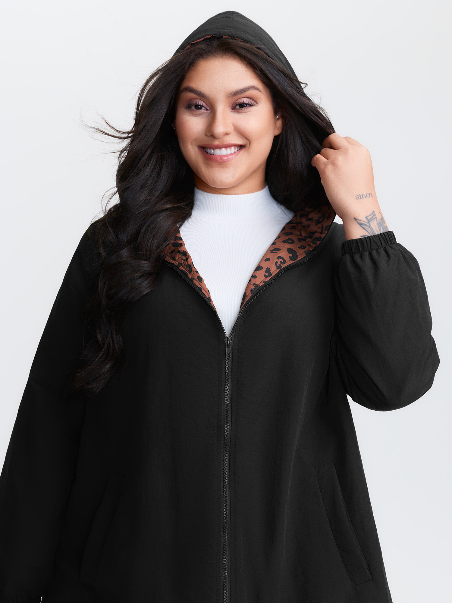 BloomChic Women's Plus Size Quilted Mixed Material Hooded Jacket Black Patchwork A-line 10/M