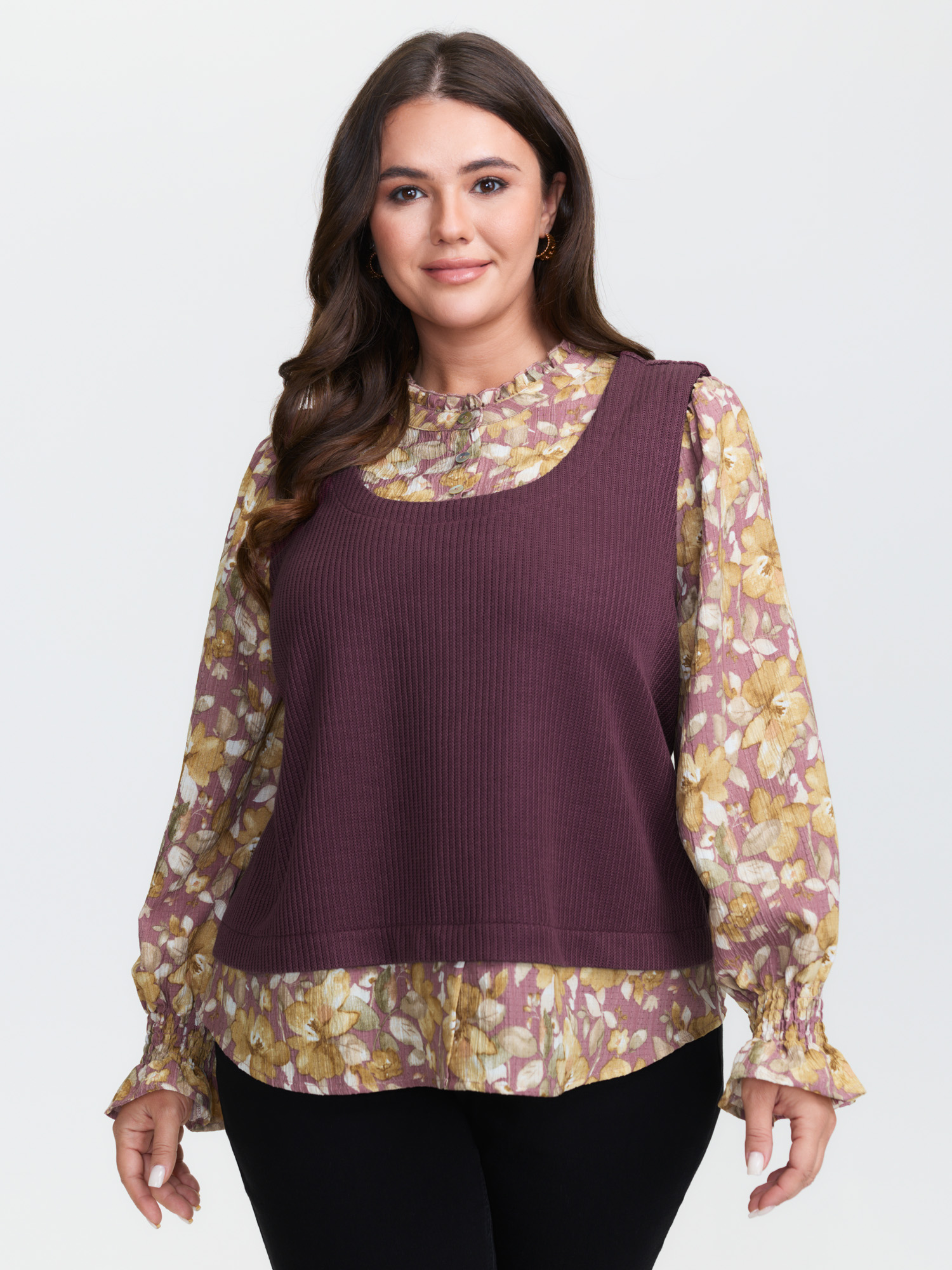 BloomChic Women's Plus Size 2-in-1 Floral Textured Knit Top RedViolet Long Sleeve Everyday-Elegant 12/L