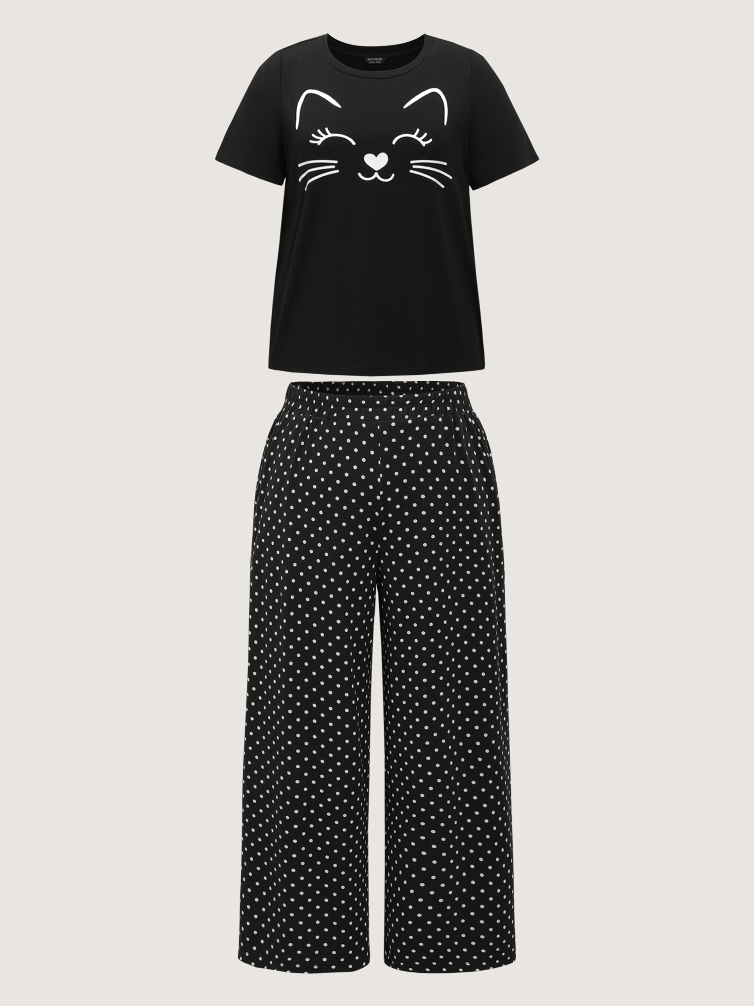 Side view of BloomChic Women's Plus Size Cute Cat Polka Dots Print Sleepwear Set Black 30/6X