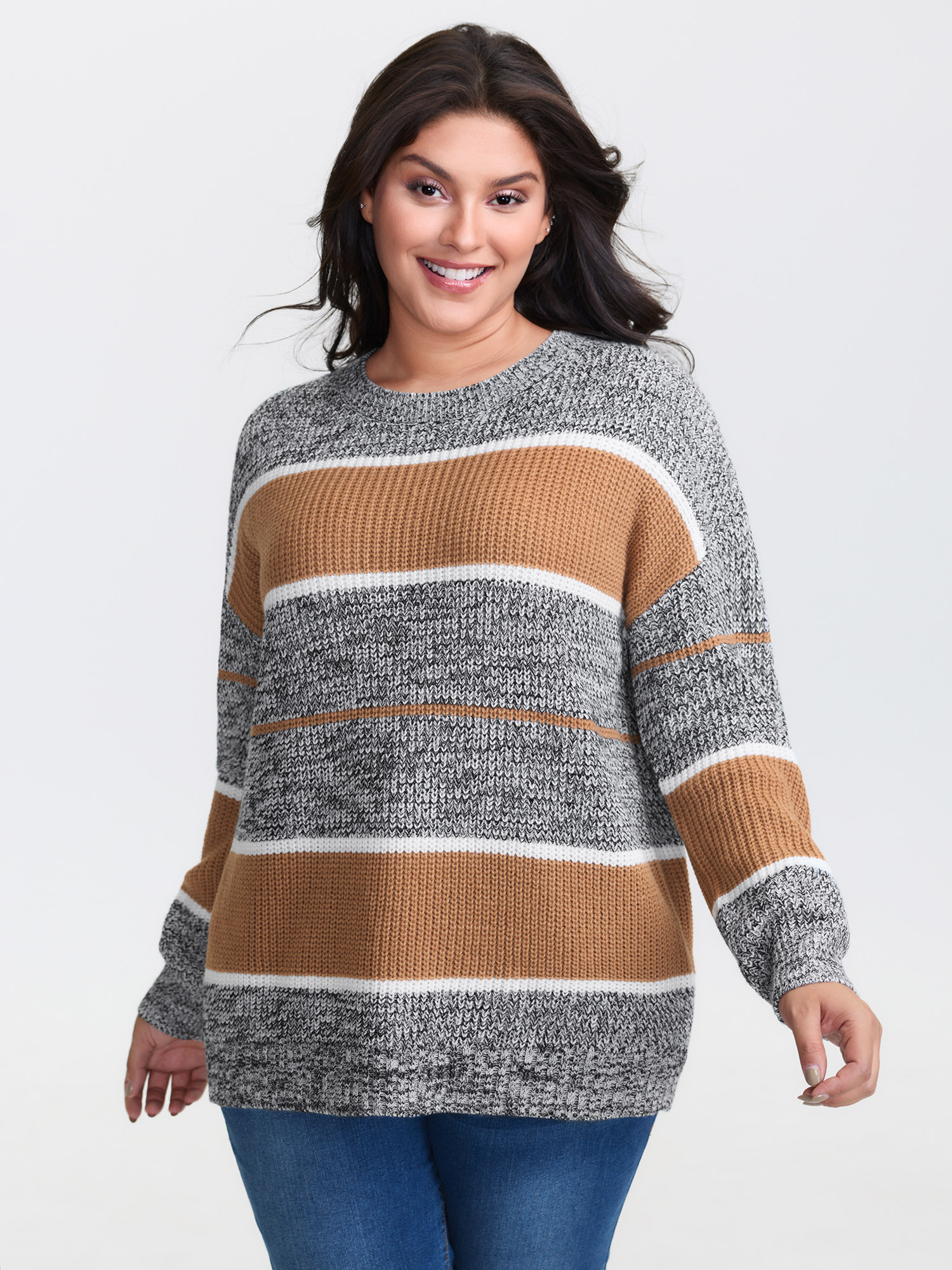 BloomChic Women's Plus Size Heather Colorful Stripes Round Neck Pullover DimGray Long Sleeve 30/6X