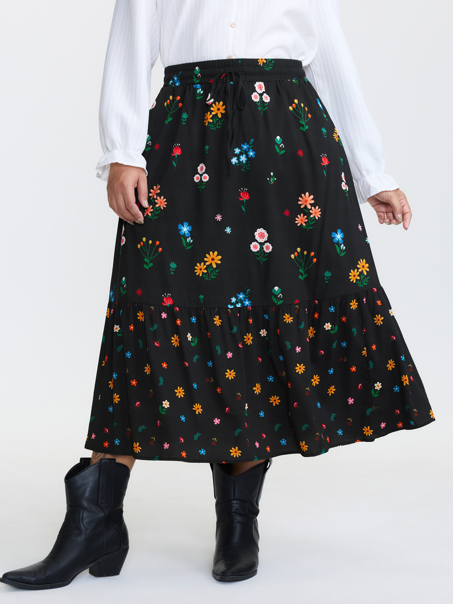 BloomChic Women's Plus Size Colorful Floral Print Drawstring Midi Skirt BlackFlower Tiered A-line Everyday-Casual 12/L
