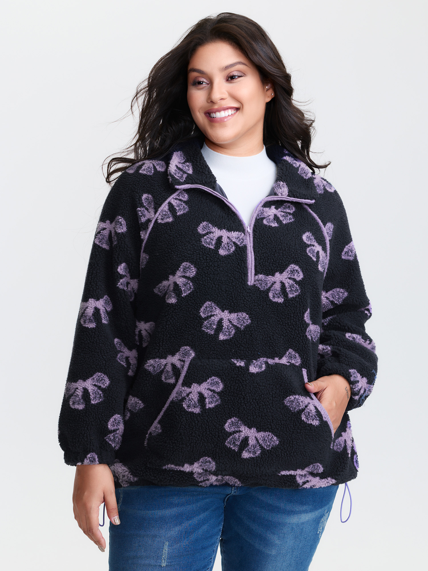 BloomChic Women's Plus Size Fluffy Texture Bowknot Pattern Adjustable Sweatshirt Midnight Everyday-Casual 10/M