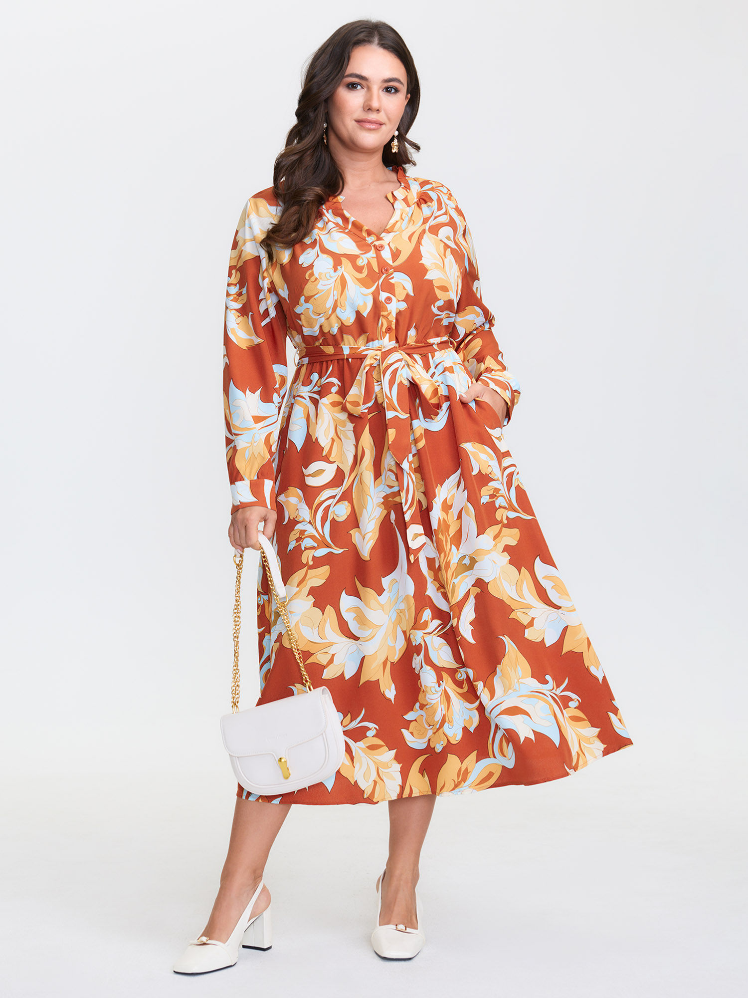 BloomChic Women's Plus Size Leaf Print Waist-Defining Ruffled Neck Midi Dress Coral Ethnic Floral Midi Everyday-Elegant Lace-Up 10/M