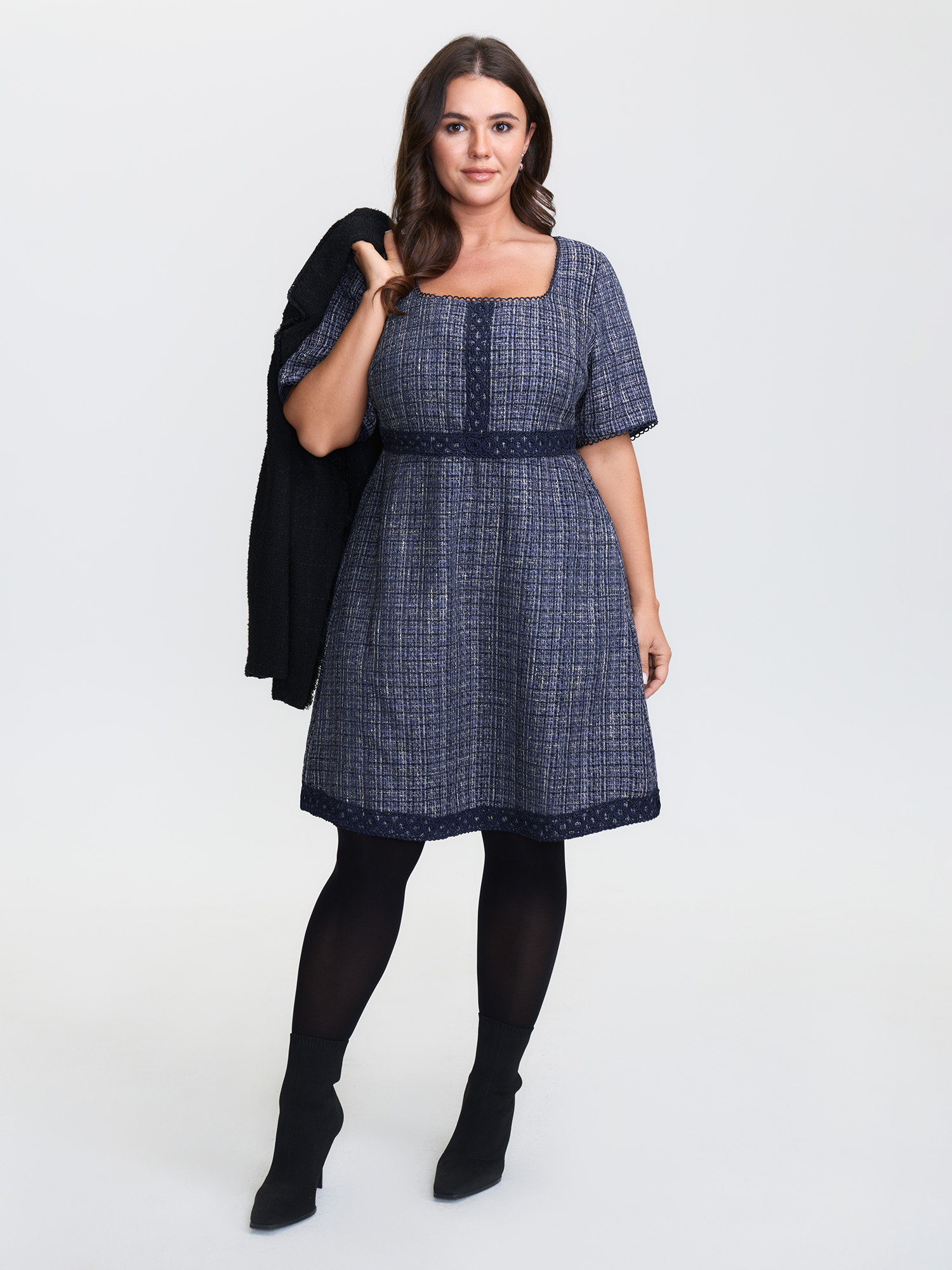 BloomChic Women's Plus Size Tweed Lace Trim Square Neckline Midi Dress Aegean Plaid Short Everyday-Elegant 10/M