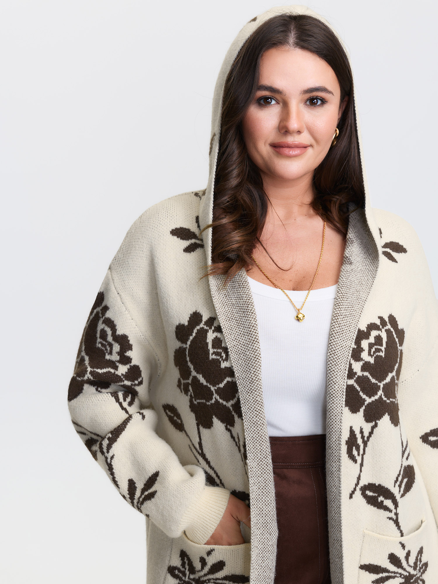 BloomChic Women's Plus Size Floral Jacquard Hooded Contrast Knit Cardigan Browncoffeecolor Long Sleeve Hooded Neck 10/M