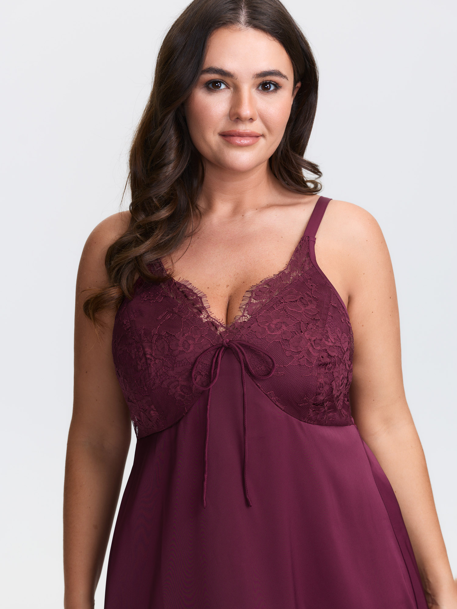 BloomChic Women's Plus Size Sheer Satin Lace-Tie Cami Nightgown Deeppurplered Sleeveless Mini Plunge Neck 26/4X-image-47612379758762