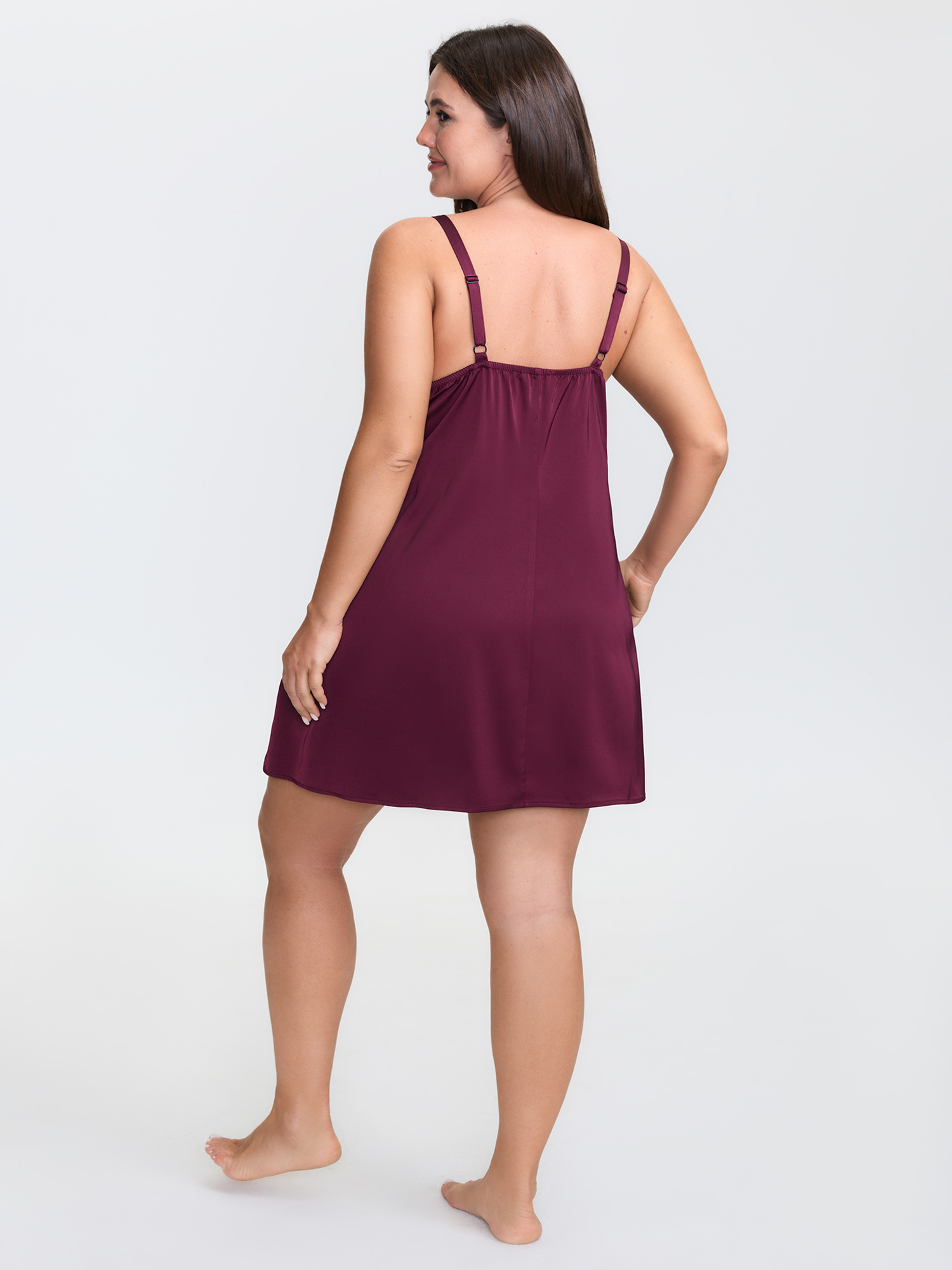 Side view of BloomChic Women's Plus Size Sheer Satin Lace-Tie Cami Nightgown Deeppurplered Sleeveless Mini Plunge Neck 28/5X
