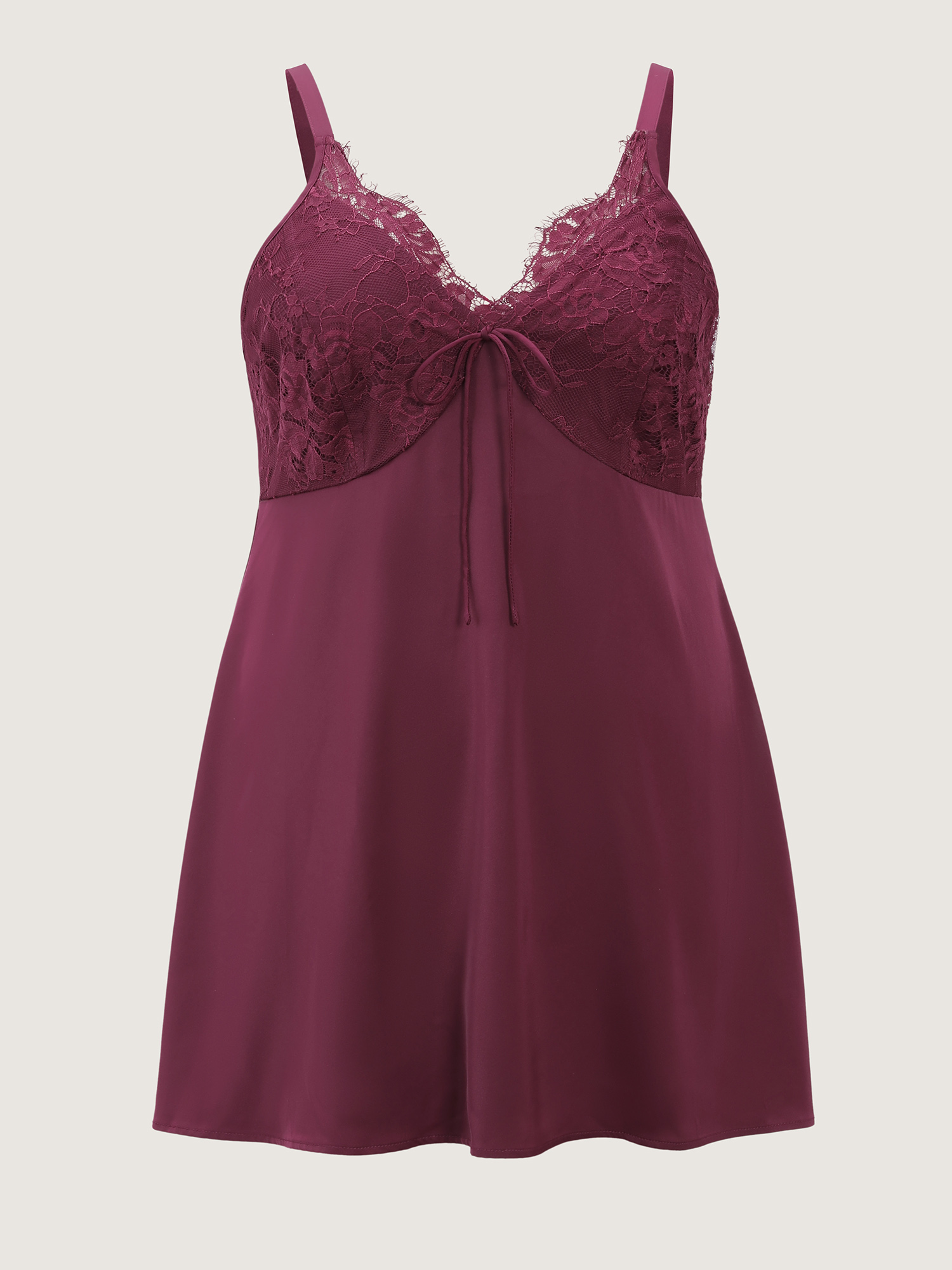 Side view of BloomChic Women's Plus Size Sheer Satin Lace-Tie Cami Nightgown Deeppurplered Sleeveless Mini Plunge Neck 28/5X