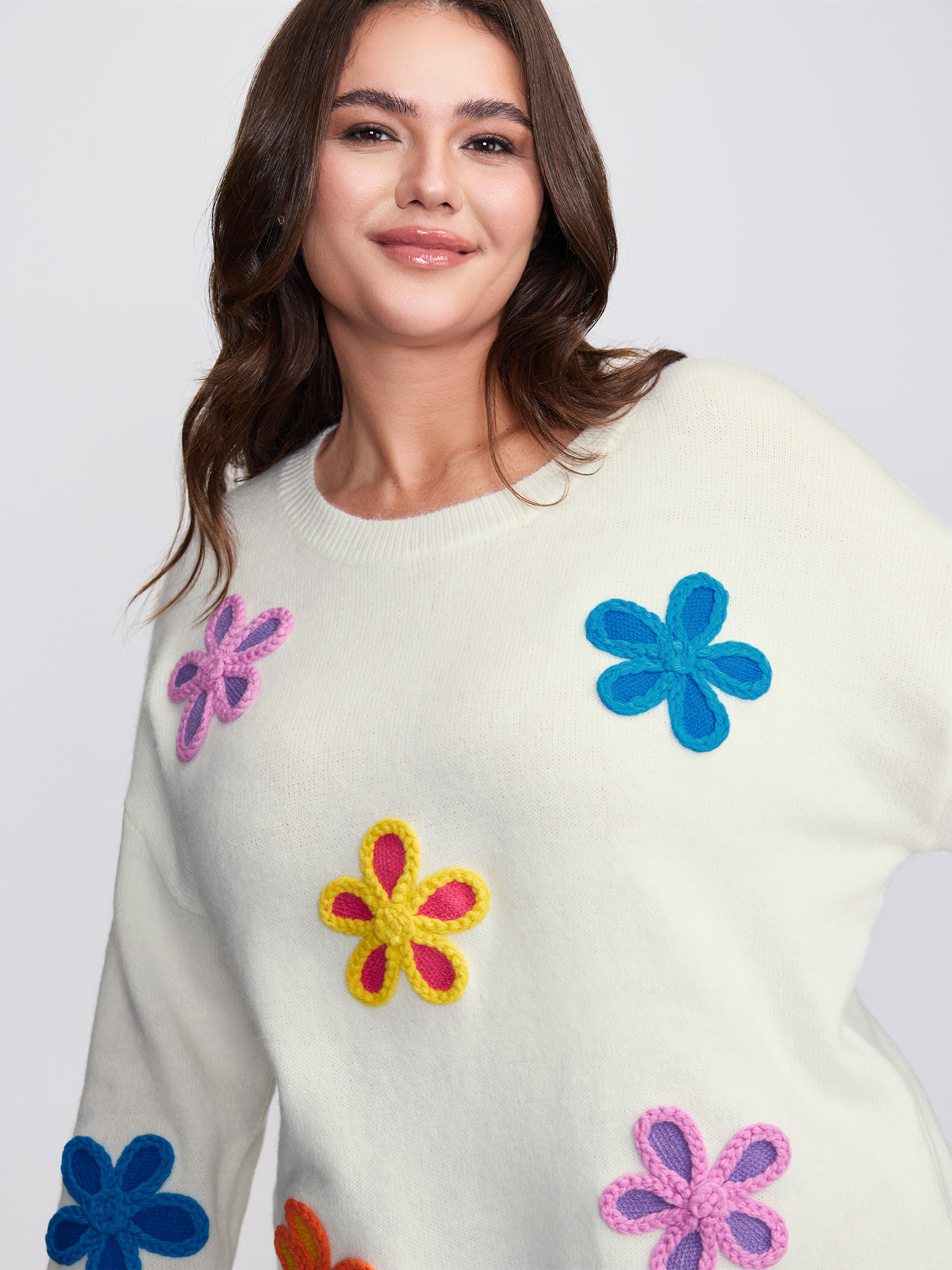 BloomChic Women's Plus Size Supersoft Multi-Color Floral Crochet Round Neck Pullover Ivory Long Sleeve 12/L