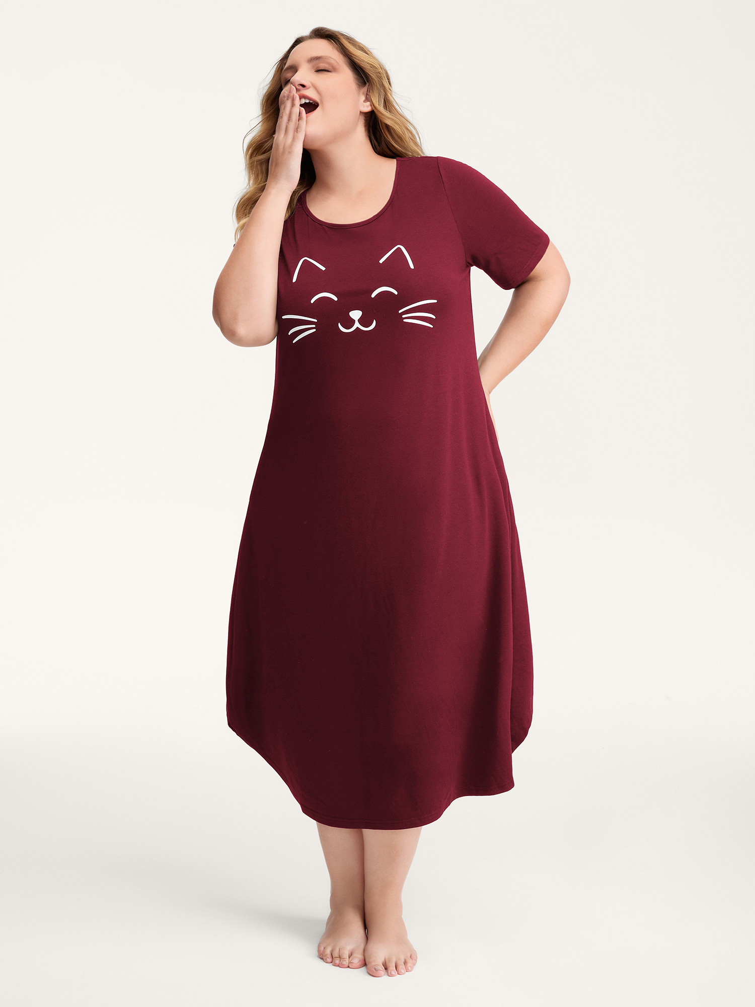 BloomChic Women's Plus Size Happy Cat Print Stretchy Contrast Nightgown Burgundy Short sleeve Round Neck 22-24/3X-image-47646374363306