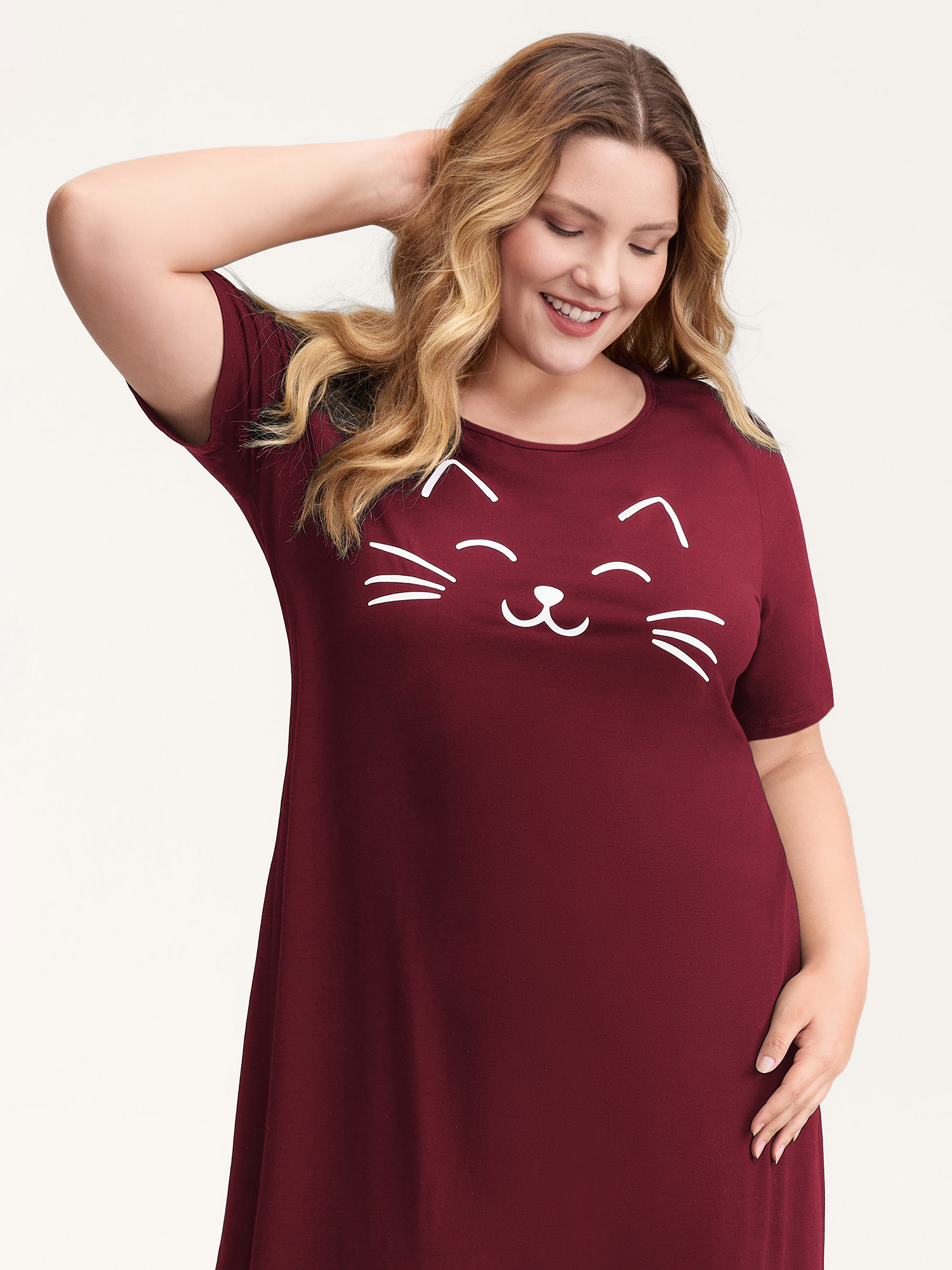 Side view of BloomChic Women's Plus Size Happy Cat Print Stretchy Contrast Nightgown Burgundy Short sleeve Round Neck 10/M
