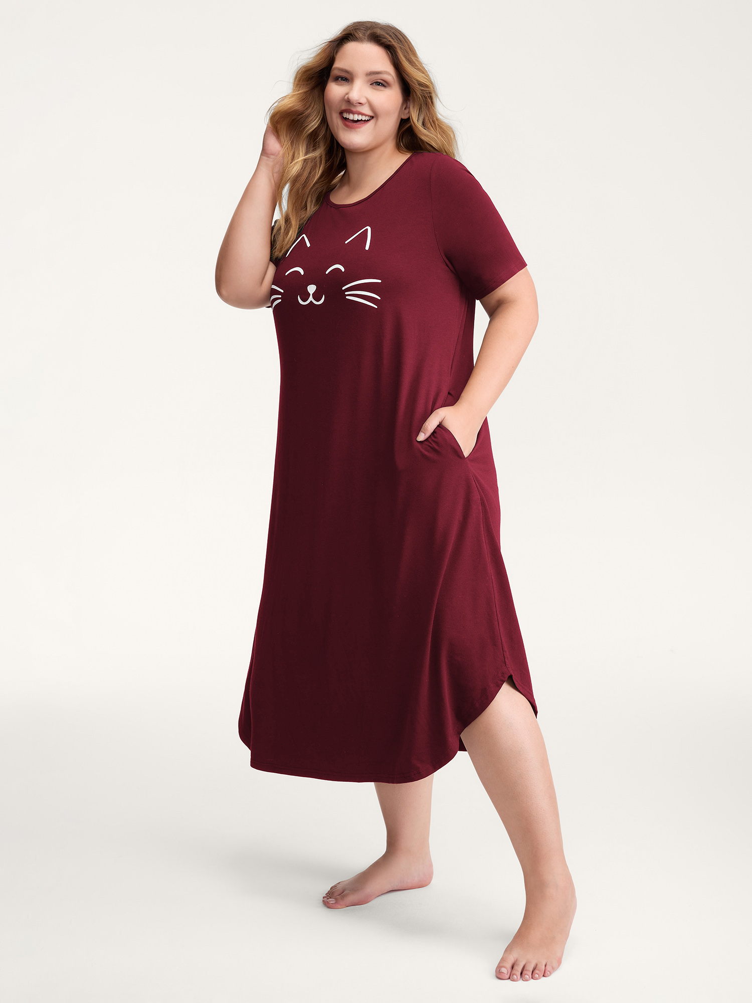 Side view of BloomChic Women's Plus Size Happy Cat Print Stretchy Contrast Nightgown Burgundy Short sleeve Round Neck 10/M