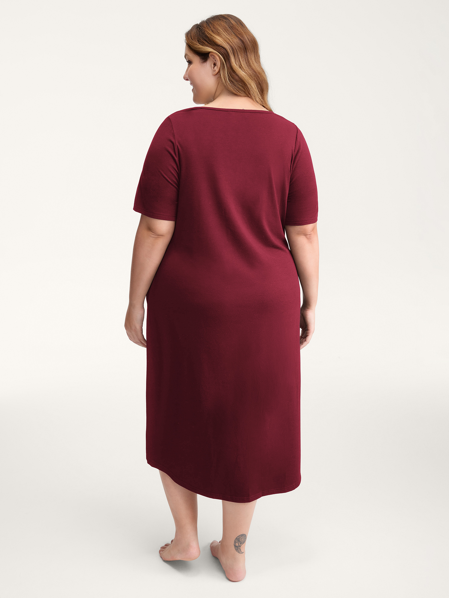 Side view of BloomChic Women's Plus Size Happy Cat Print Stretchy Contrast Nightgown Burgundy Short sleeve Round Neck 10/M