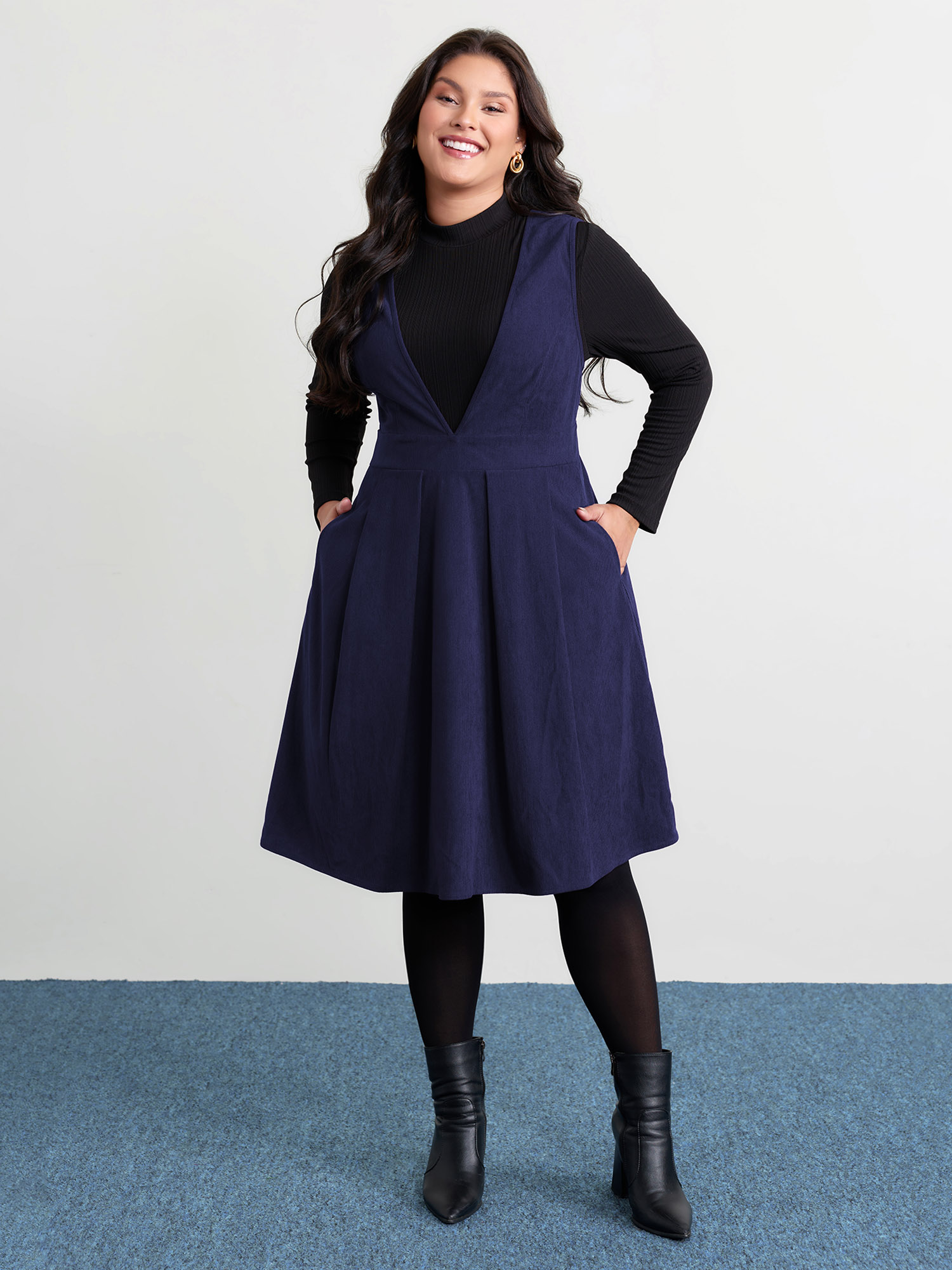 BloomChic Plus Size Corduroy Stretchy Waist V-Neck Mini Dress - Curve Ladies Baritone Blue Elegant Sleeveless Solid Side Pocket Daily Dresses 14/M