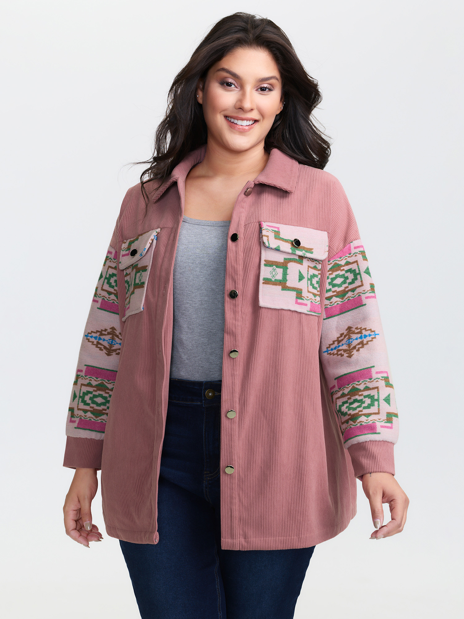BloomChic Women's Plus Size Abstract Print Color Contrast Button-Down Jacket Beanpastepowder Texture T-line 10/M