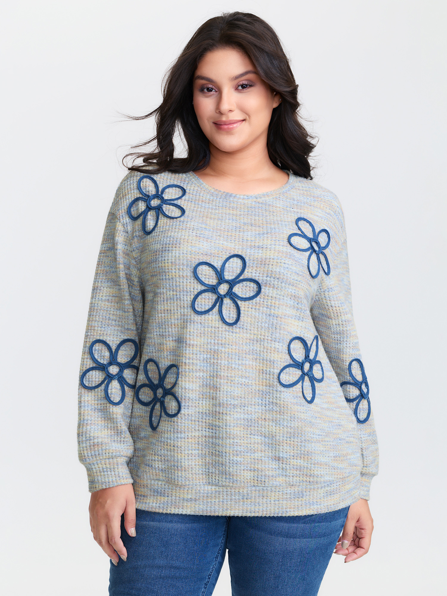 BloomChic Women's Plus Size Textured Floral Braided Embroidery Sweatshirt LightBlue Natural Flowers Casual 30/6X