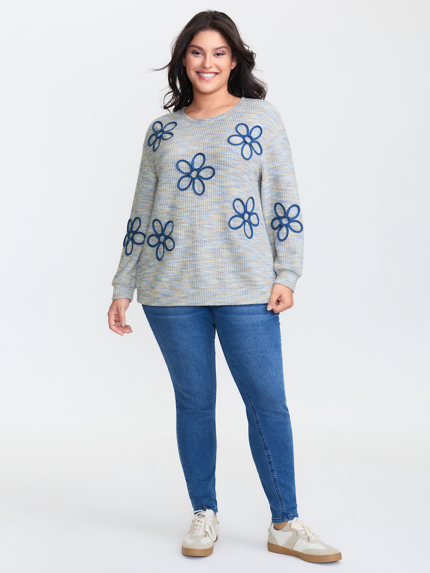 Side view of BloomChic Women's Plus Size Textured Floral Braided Embroidery Sweatshirt LightBlue Natural Flowers Casual 30/6X