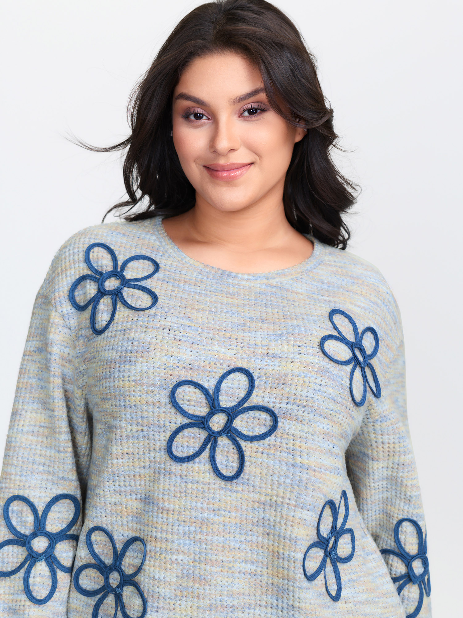 Side view of BloomChic Women's Plus Size Textured Floral Braided Embroidery Sweatshirt LightBlue Natural Flowers Casual 30/6X