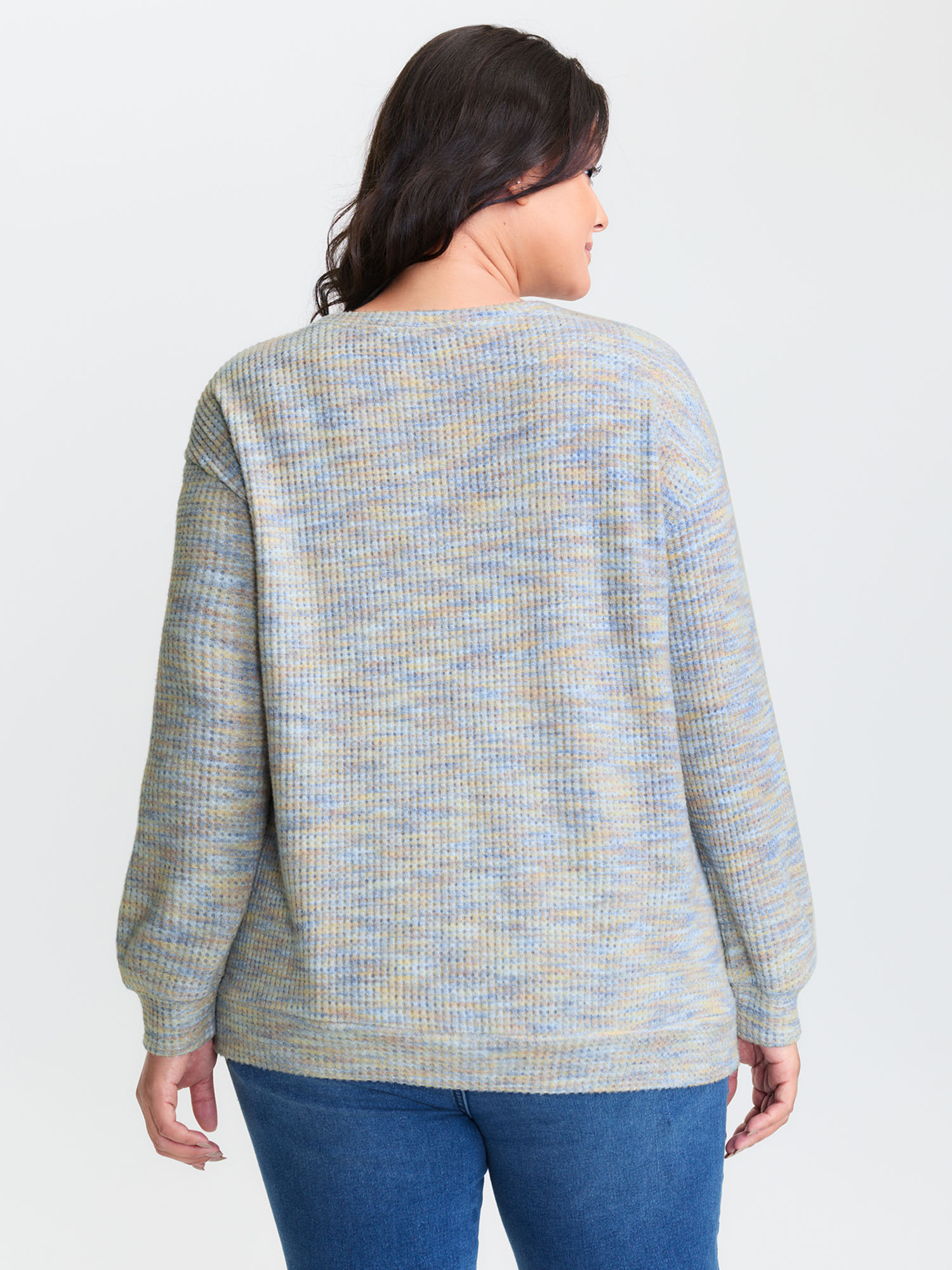 Side view of BloomChic Women's Plus Size Textured Floral Braided Embroidery Sweatshirt LightBlue Natural Flowers Casual 30/6X