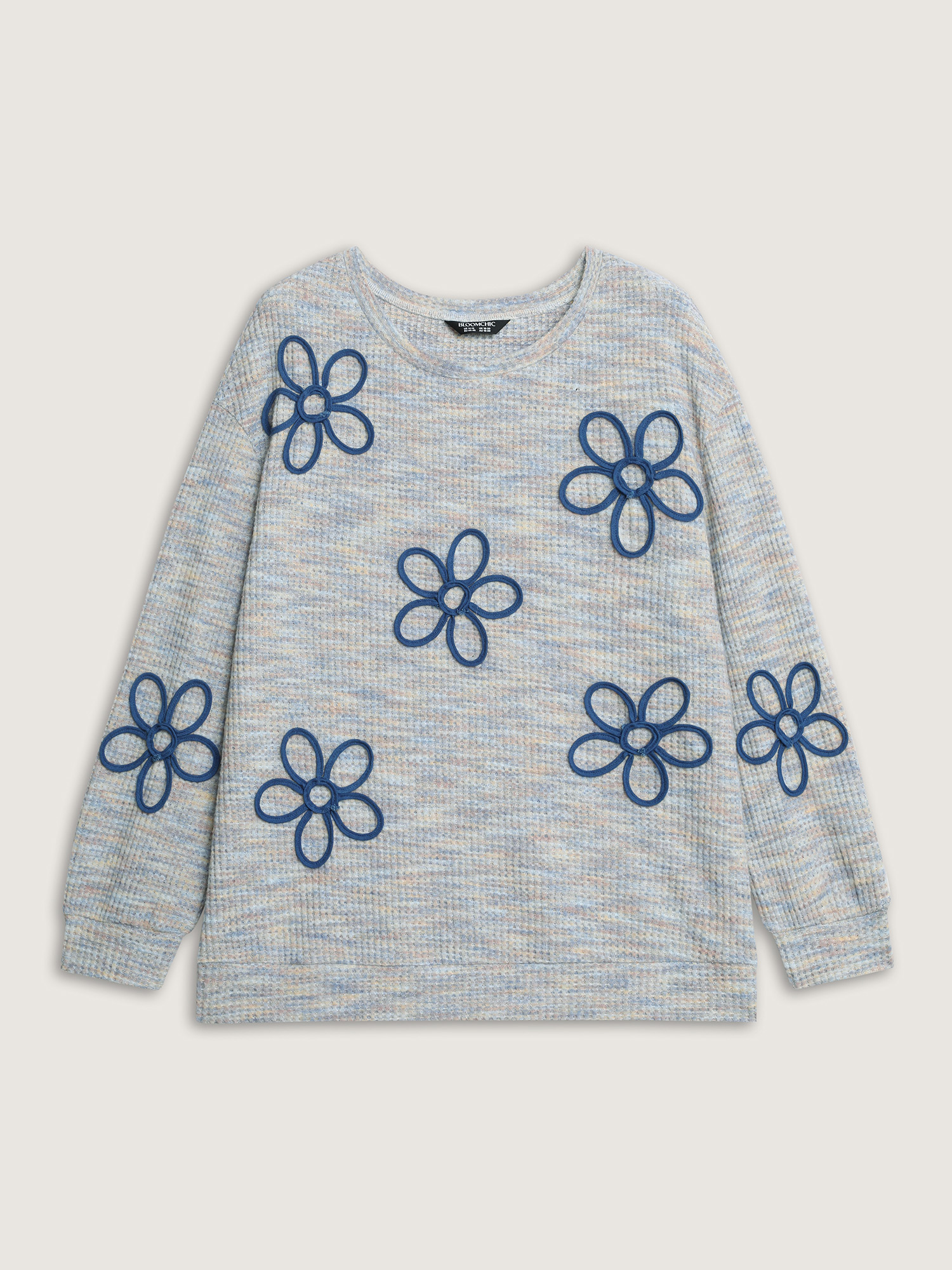 Side view of BloomChic Women's Plus Size Textured Floral Braided Embroidery Sweatshirt LightBlue Natural Flowers Casual 30/6X
