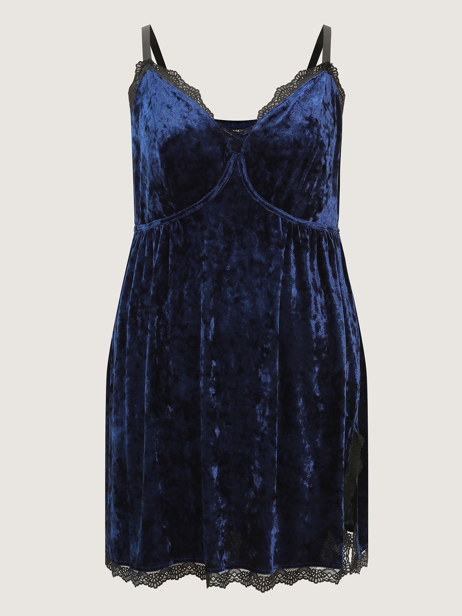 Side view of BloomChic Women's Plus Size Velvet Lace Trim Adjustable Nightgown DarkBlue Sleeveless Midi V-Neck 12/L