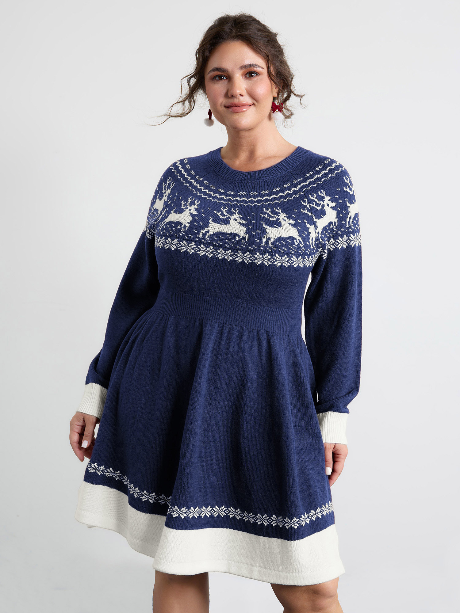 BloomChic Plus Size Reindeer Print Cinched-Waist Sweater Mini Dress - Curve Ladies Indigo Daily-Americana Daily Long Sleeve Solid Sweater Dresses 14/M