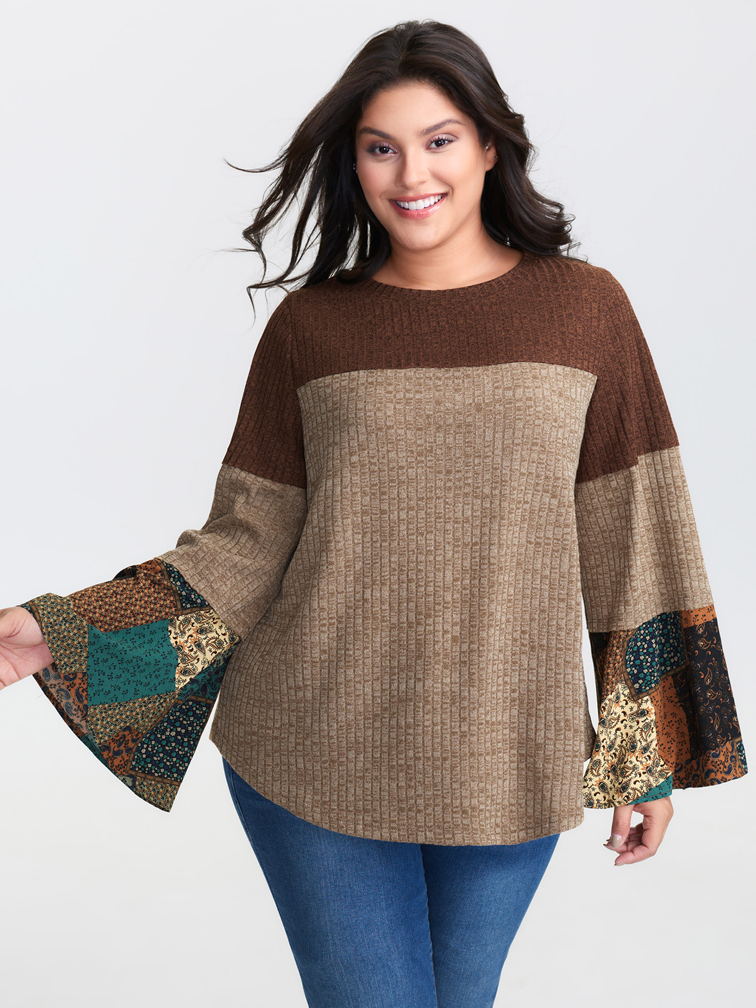 BloomChic Women's Plus Size Colorblock Floral Spliced T-Shirt Browncoffeecolor Solid Everyday-Casual Long Sleeve Round Neck 10/M