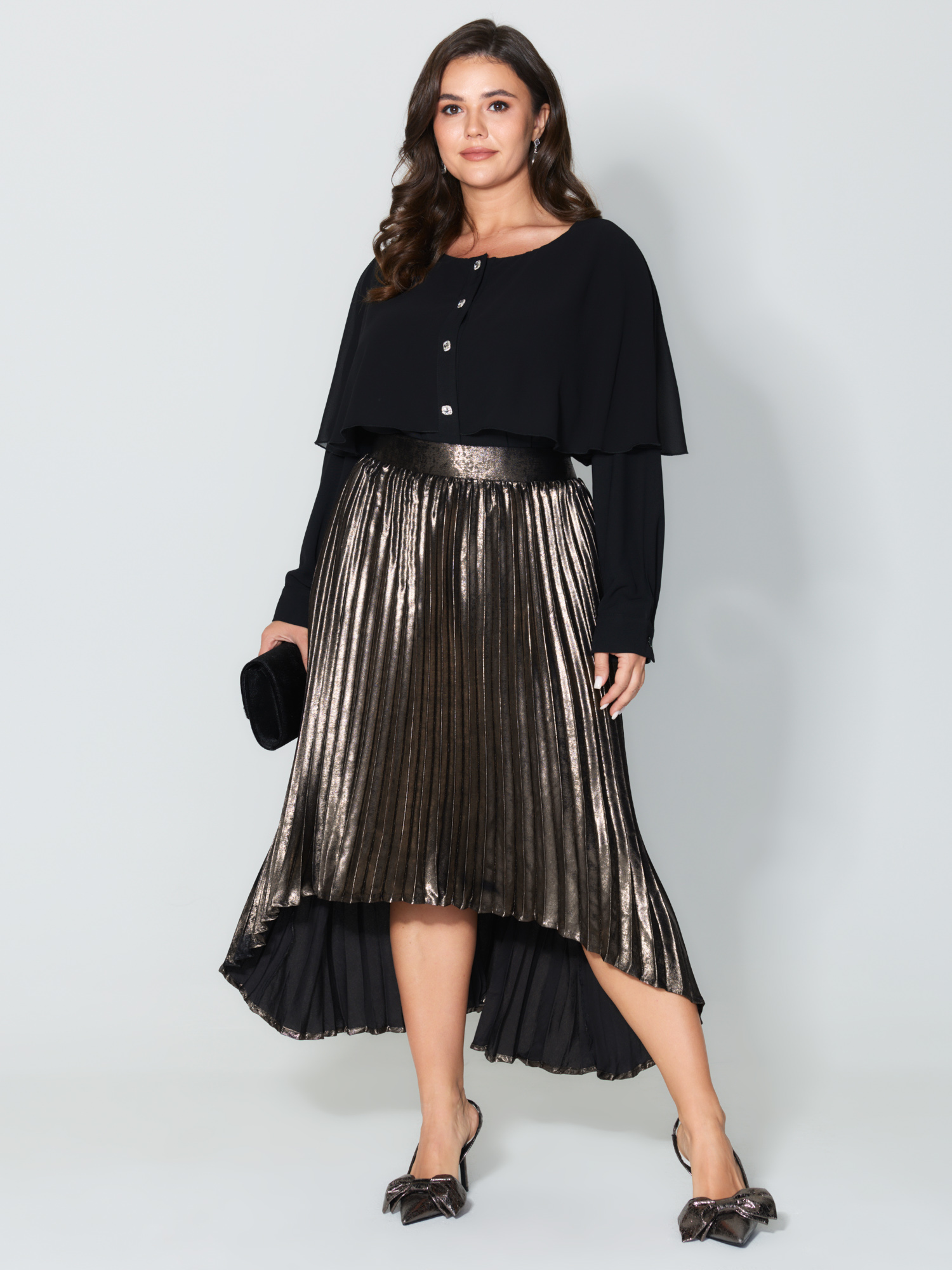 BloomChic Women's Plus Size Metallic Shimmer High-Low Hem Pleated Midi Skirt DarkBrown X-line Occasion 14-16/1X