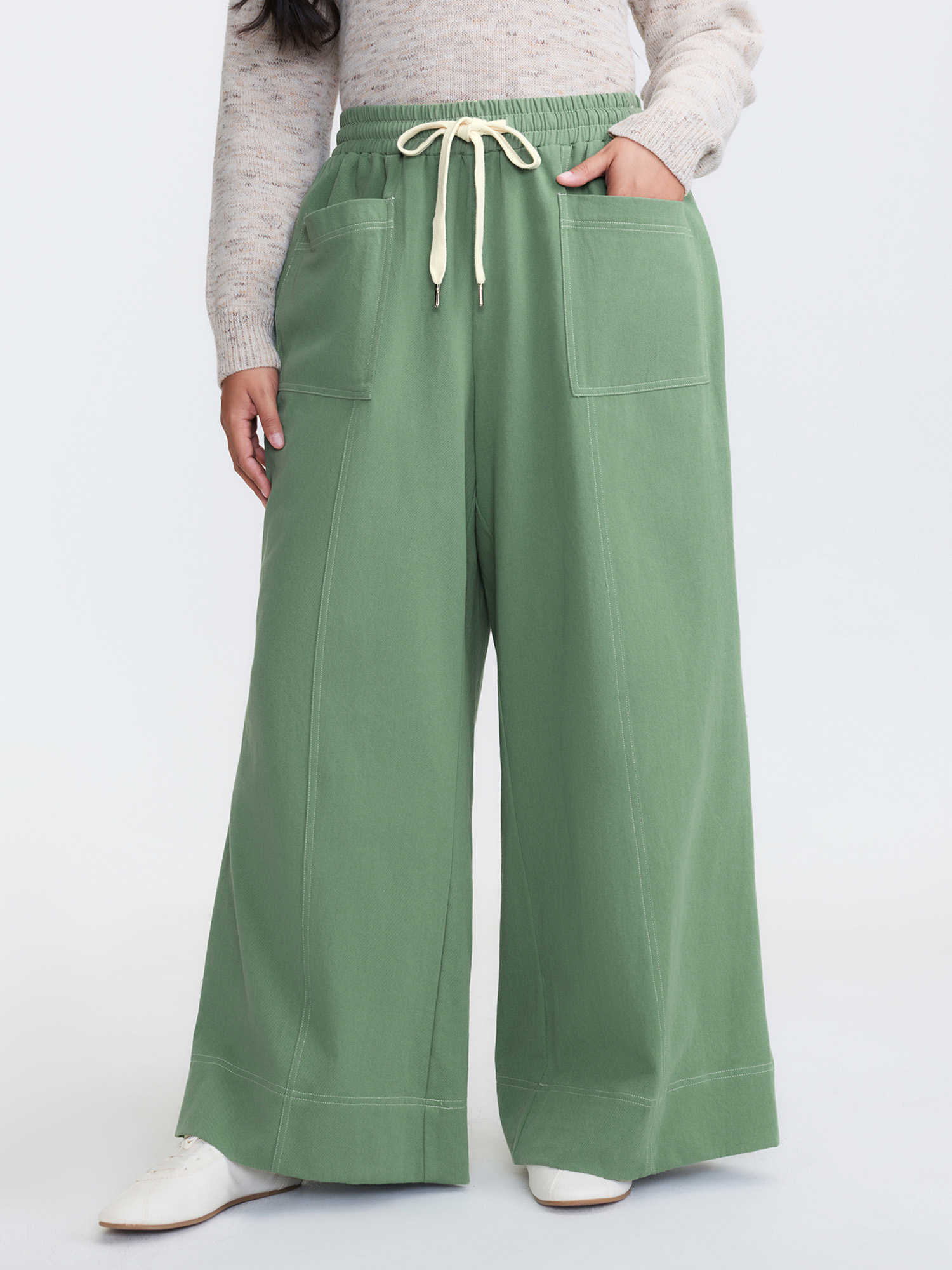 BloomChic Women's Plus Size Cotton Distress Washed Drawstring Waist Pants Moss Wide leg Mid Rise 10/M