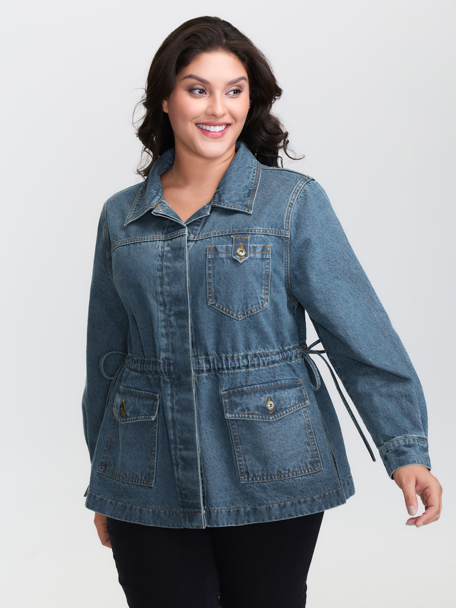 BloomChic Women's Plus Size Adjustable Waist Drawstring Denim Jacket Bluevintage Everyday-Casual 22-24/3X