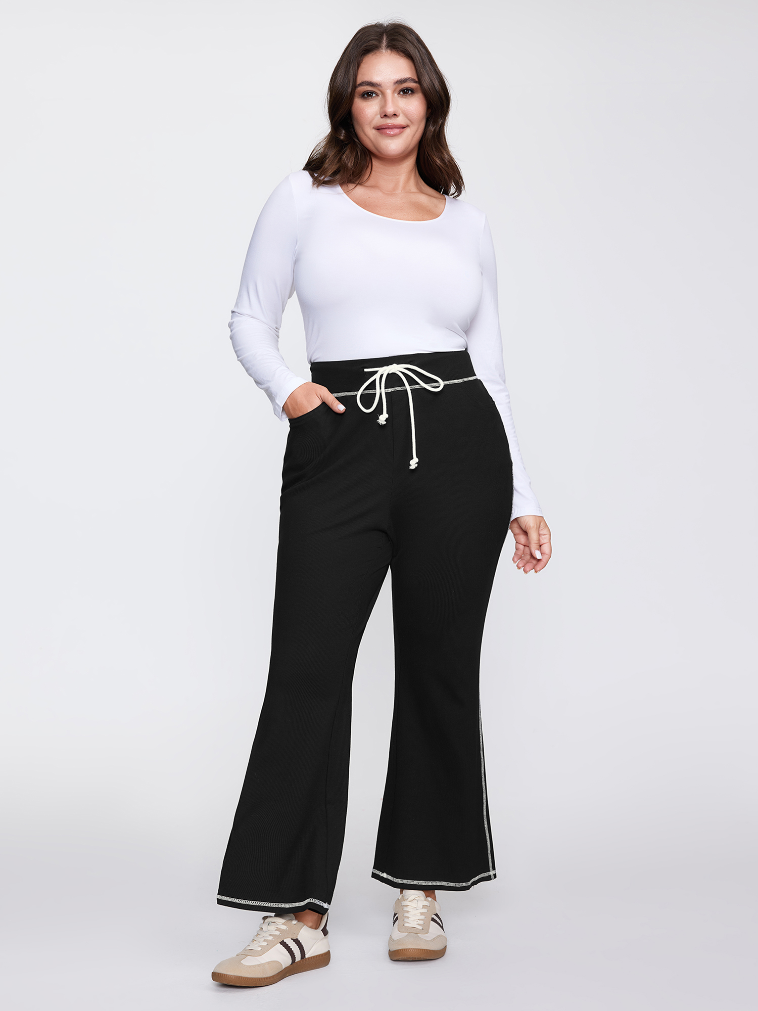 Bloomchic Stretchy Drawstring Waist Flared Pants In Black