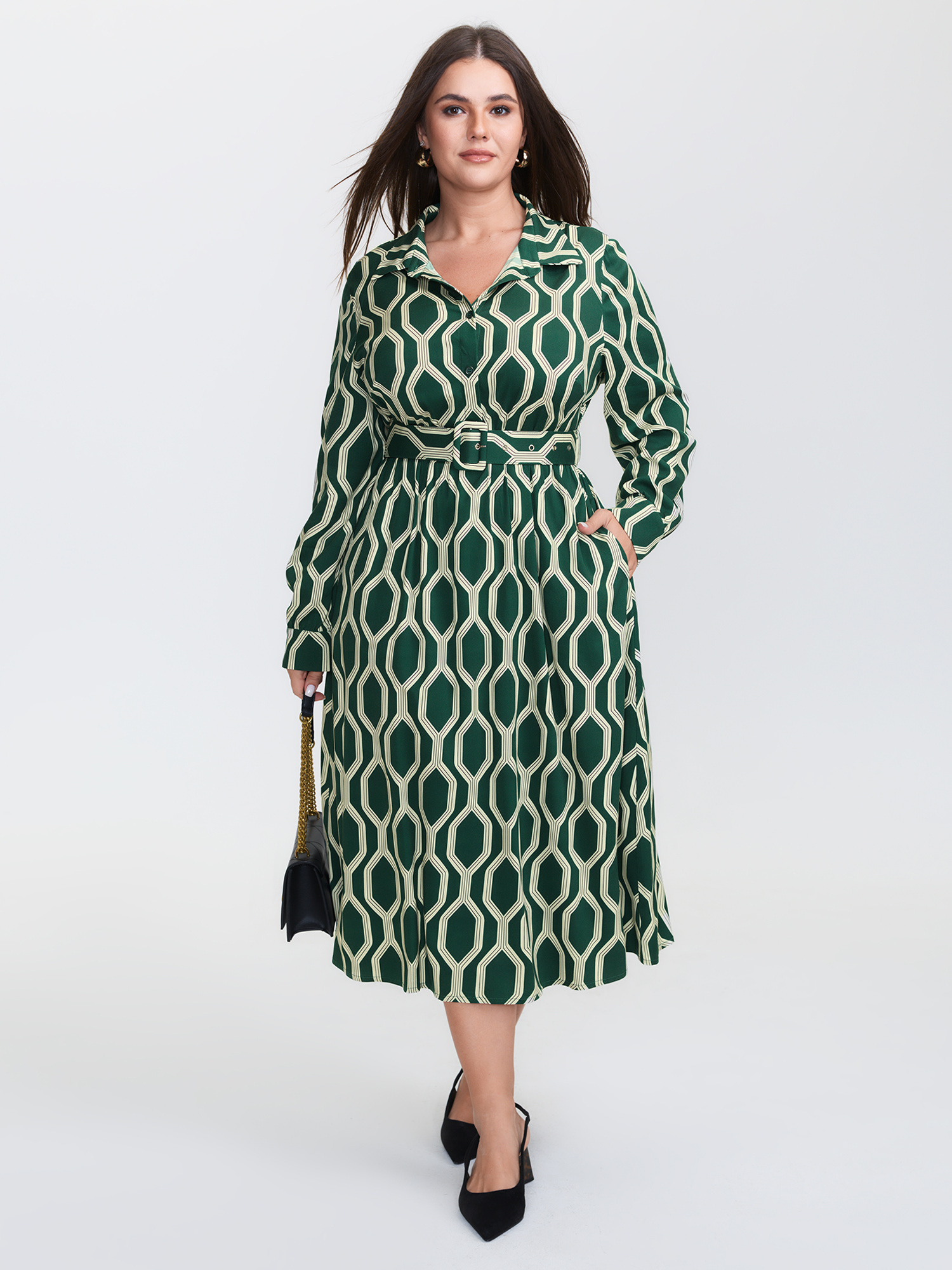 BloomChic Women's Plus Size Geometric Print Rayon Belted Maxi Dress Truegreen Geometric Midi Office 10/M