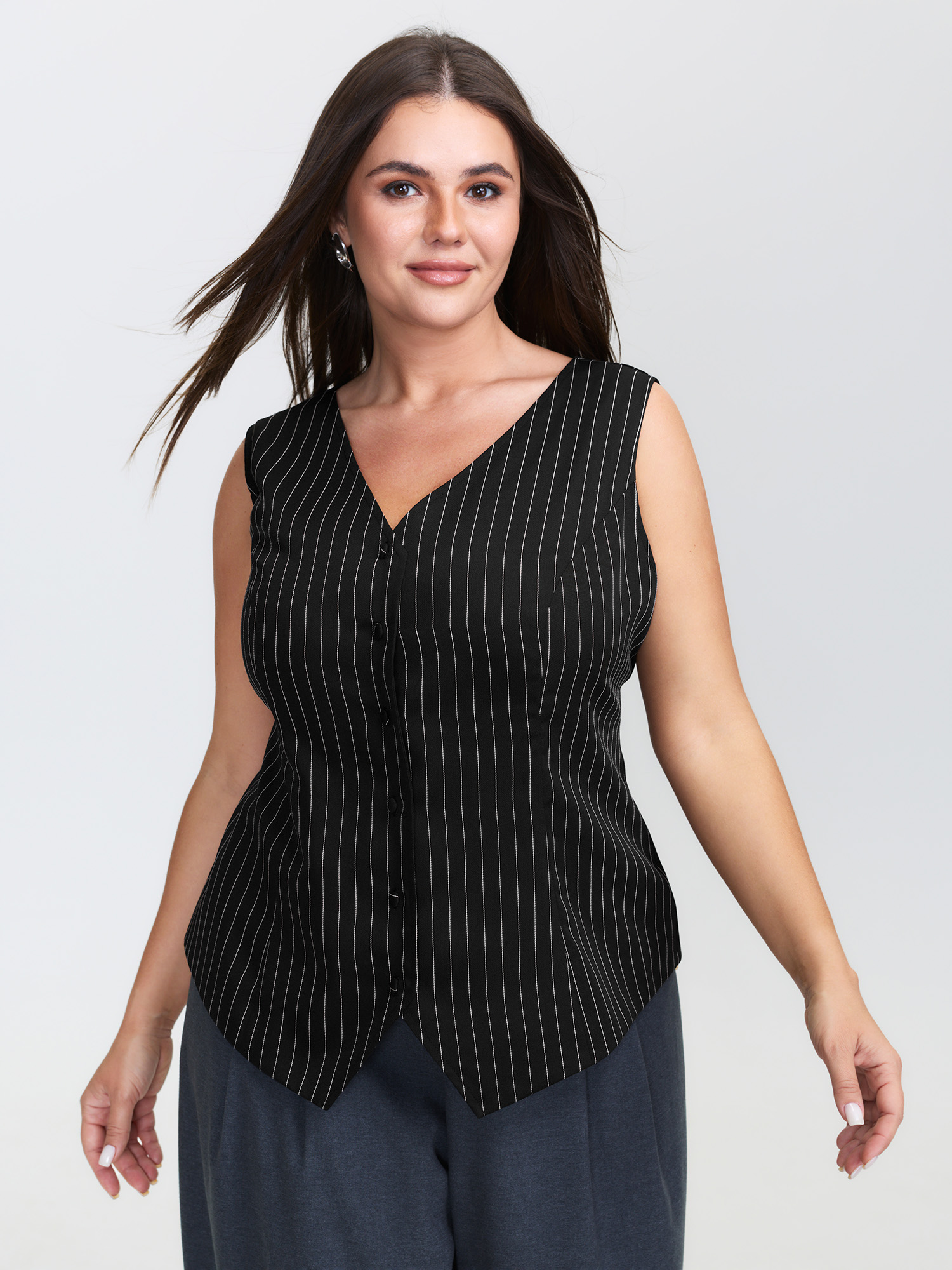 BloomChic Women's Plus Size Stripe Button Fitted Vest Black 12/L-image-47650016395434