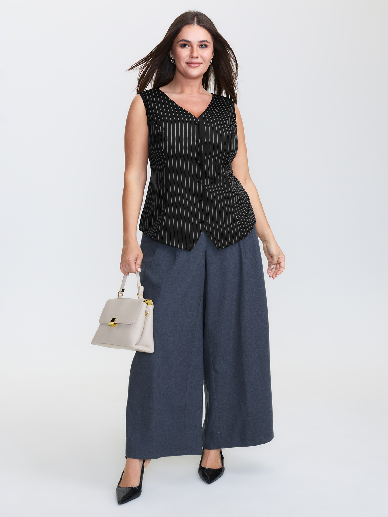 Side view of BloomChic Women's Plus Size Stripe Button Fitted Vest Black 12/L